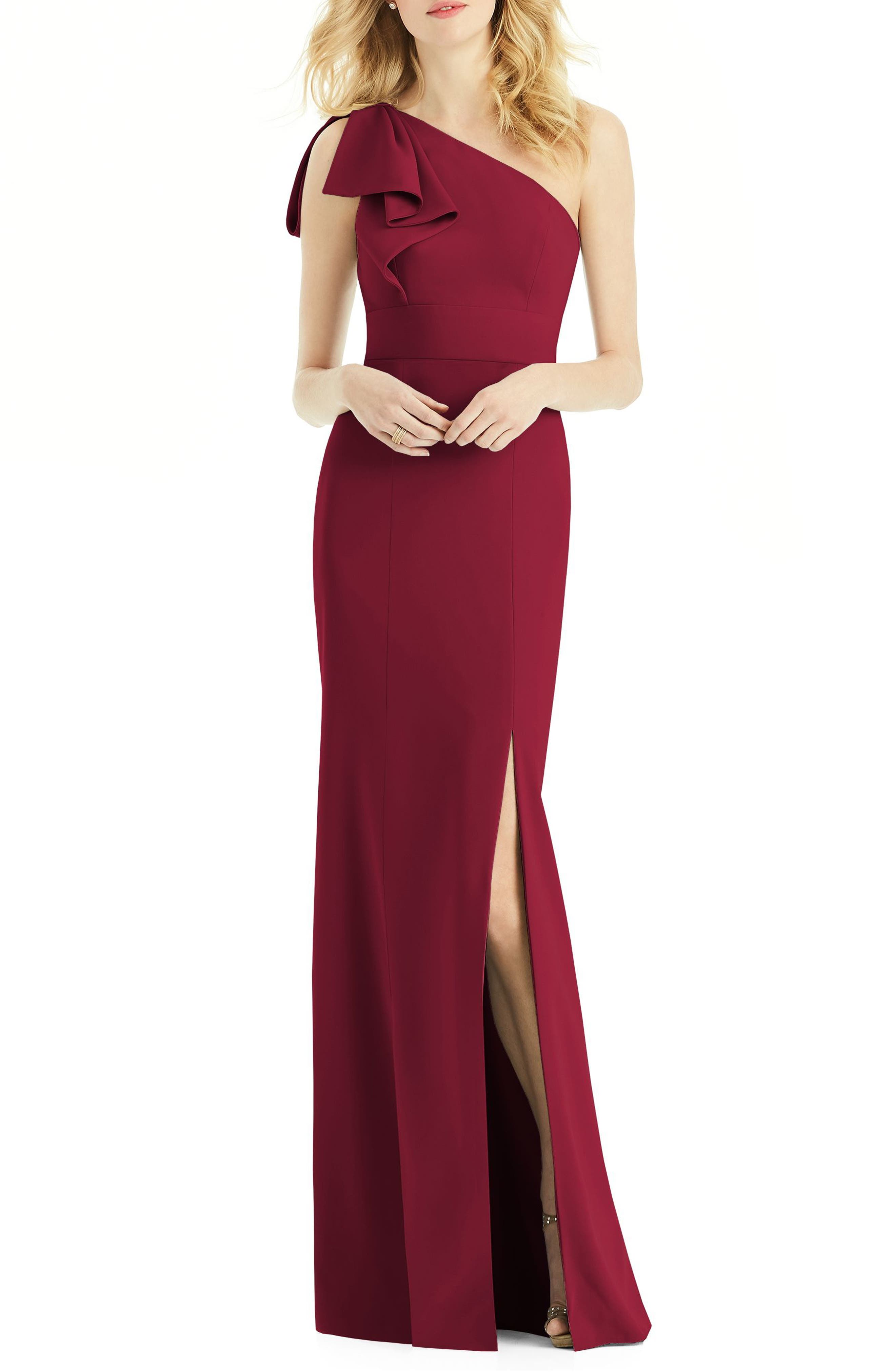 After Six Bow One-Shoulder Gown, Burgundy
