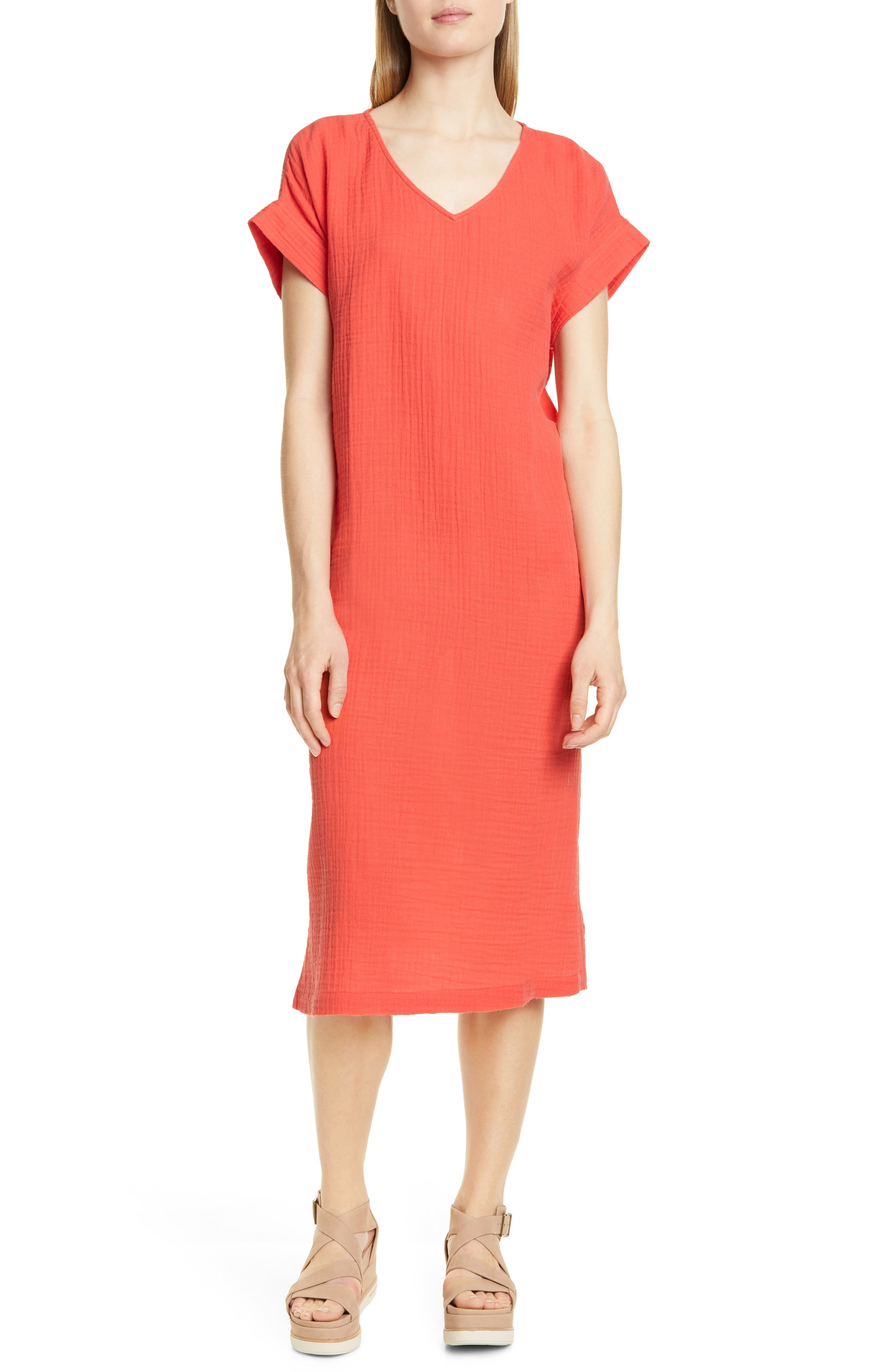 Petite Eileen Fisher Organic Cotton Midi Dress, Red