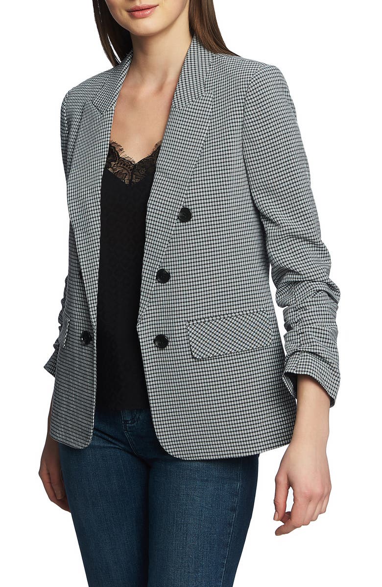 1.state Blazers RUCHED SLEEVE DOUBLE BREASTED GINGHAM BLAZER