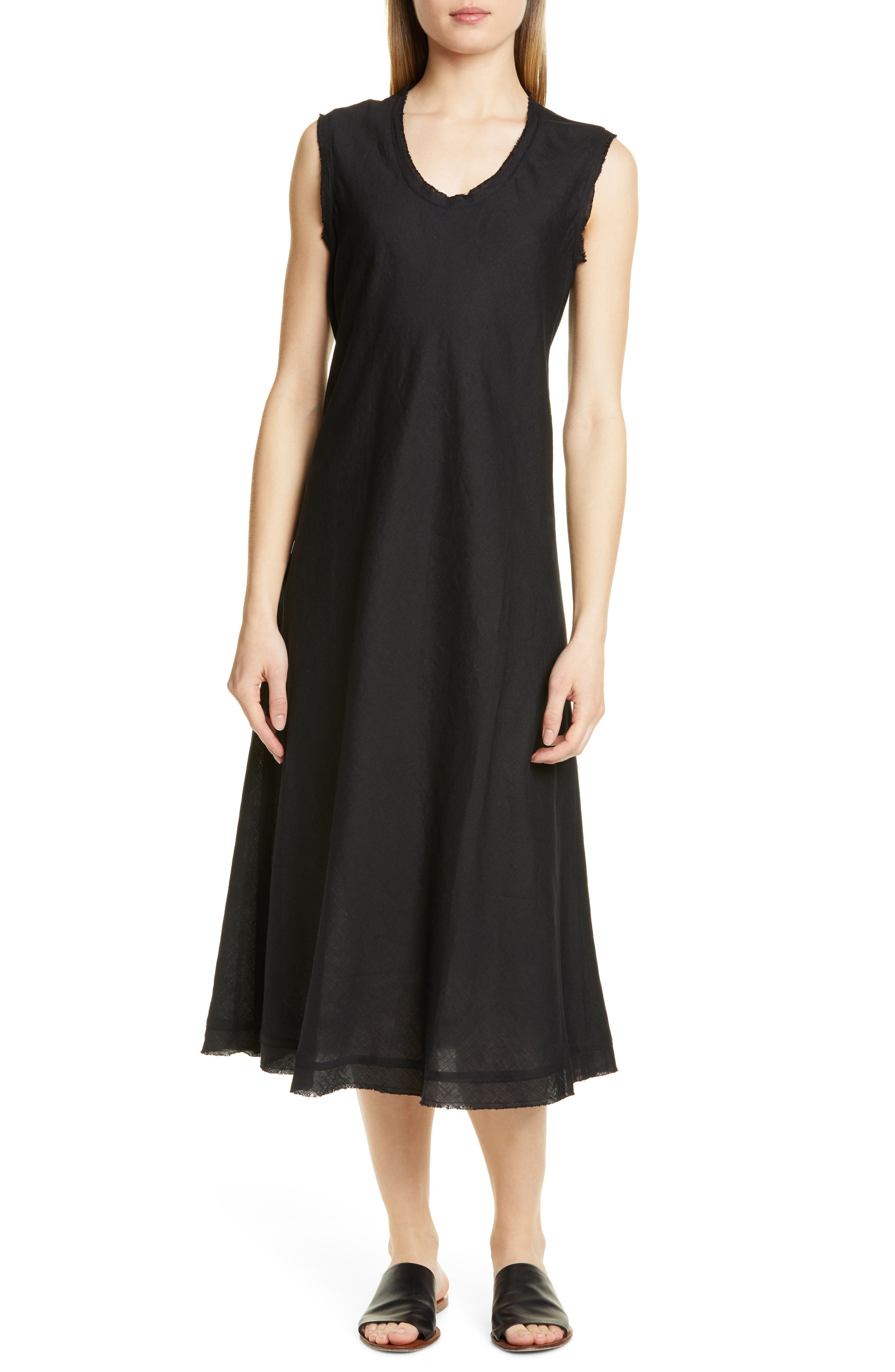 Petite Eileen Fisher Shaped Sleeveless Linen Tank Dress, Black