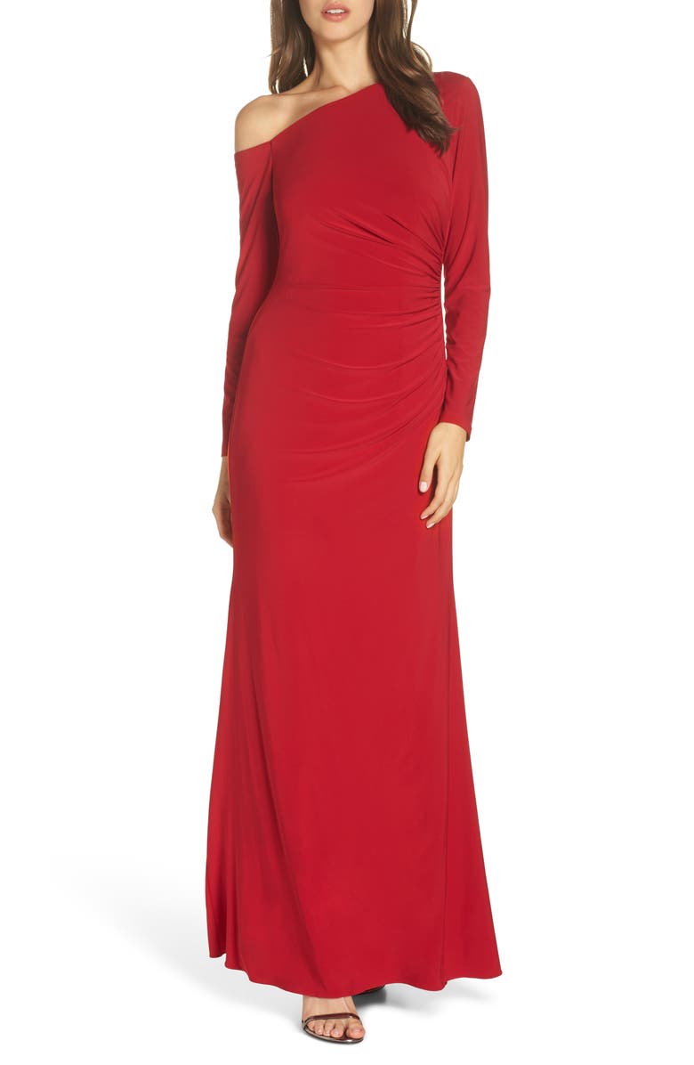 Adrianna Papell One-Shoulder Long Sleeve Ruched Gown | Nordstrom