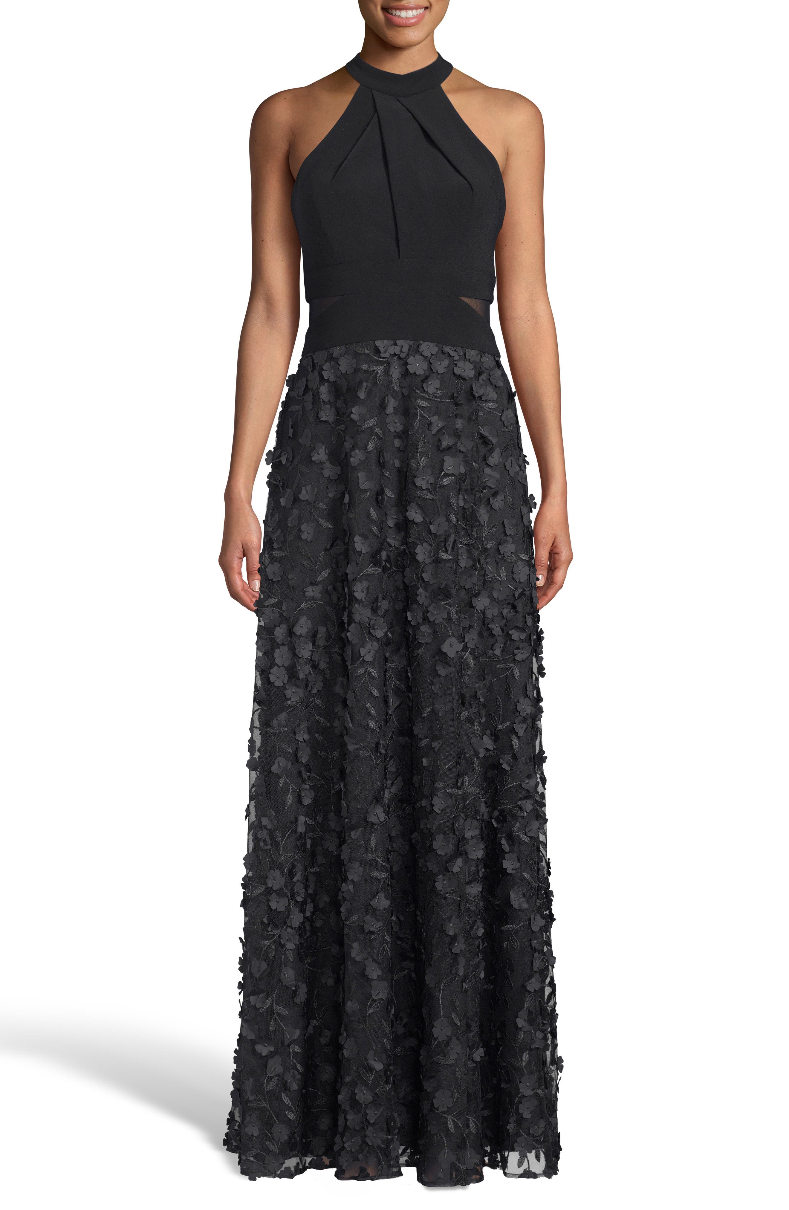 Xscape 3D Floral Evening Dress, Black