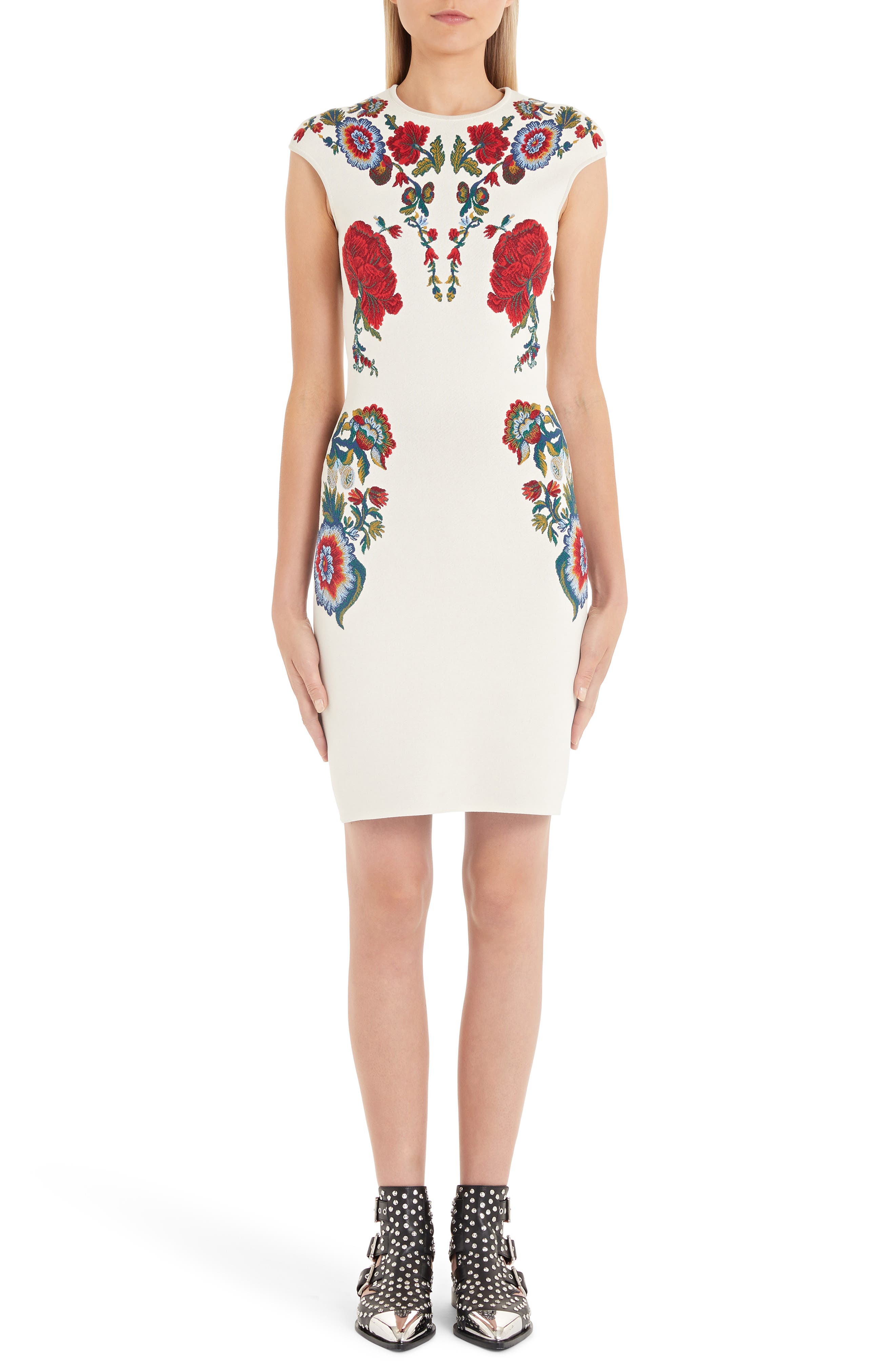 Alexander Mcqueen Floral Jacquard Body-Con Sweater Dress, Ivory