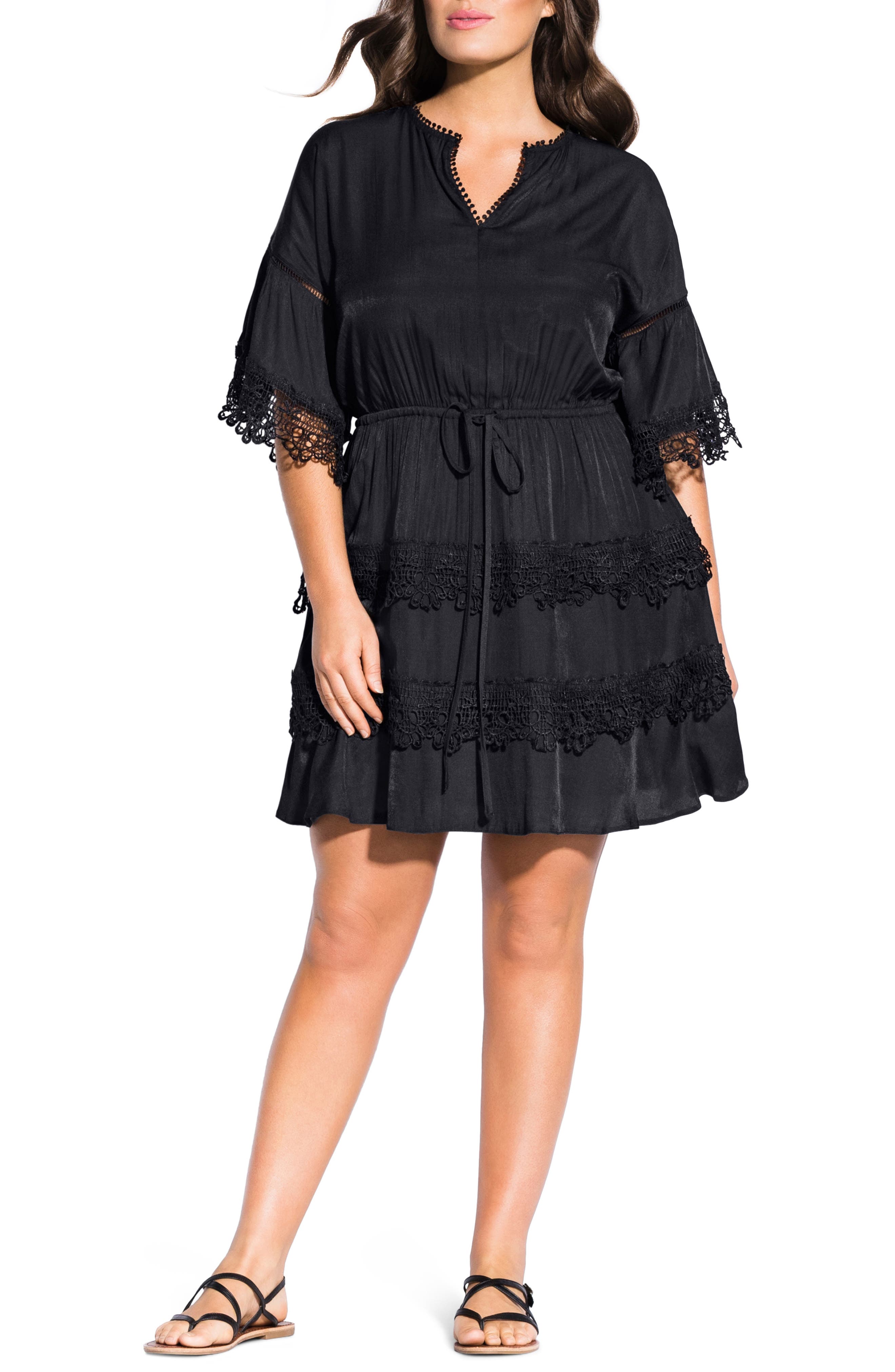 Plus Size City Chic Crochet Trim Tunic Dress, Black