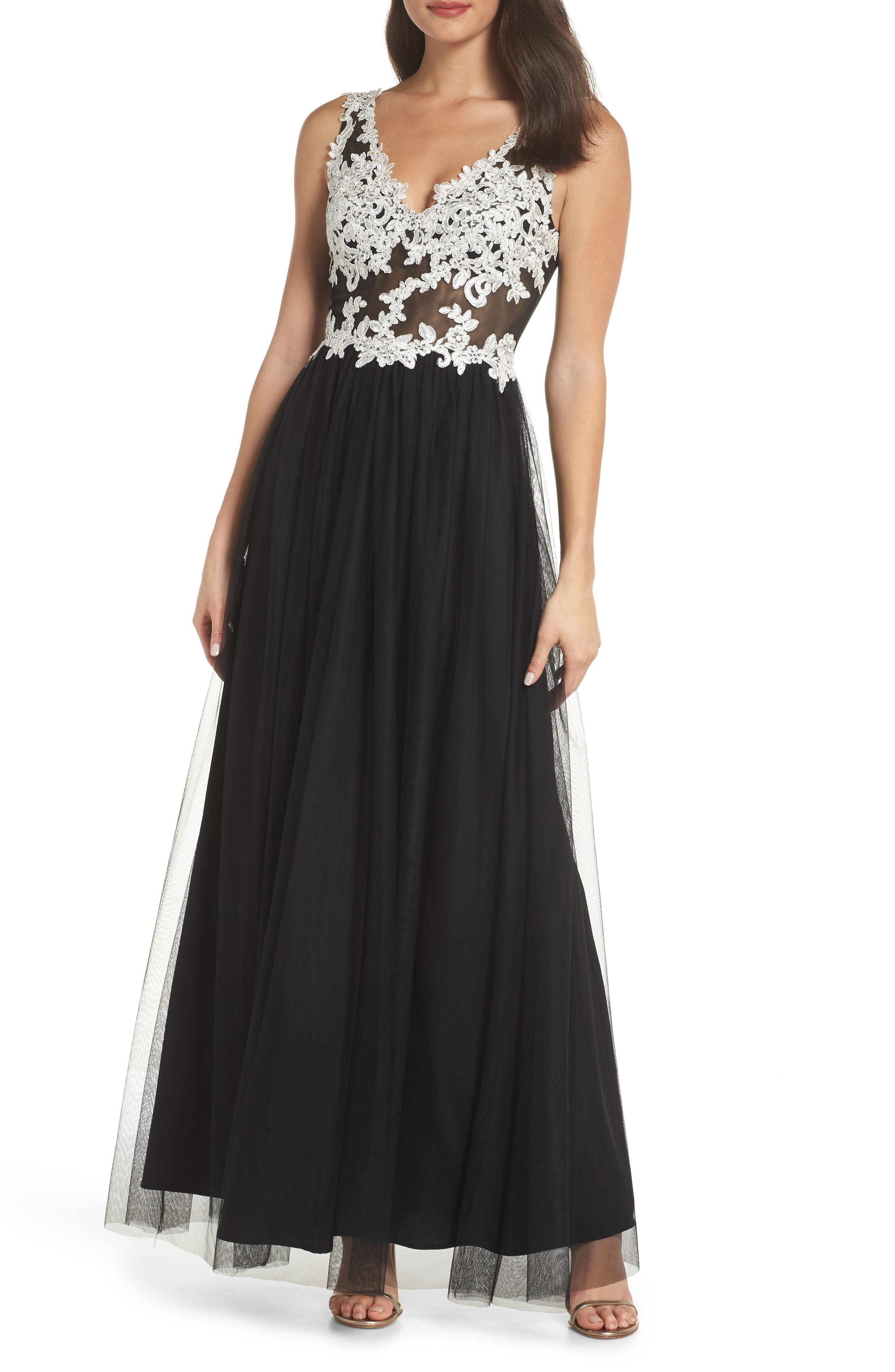 Blondie Nites Floral Applique V-Neck Gown, Black
