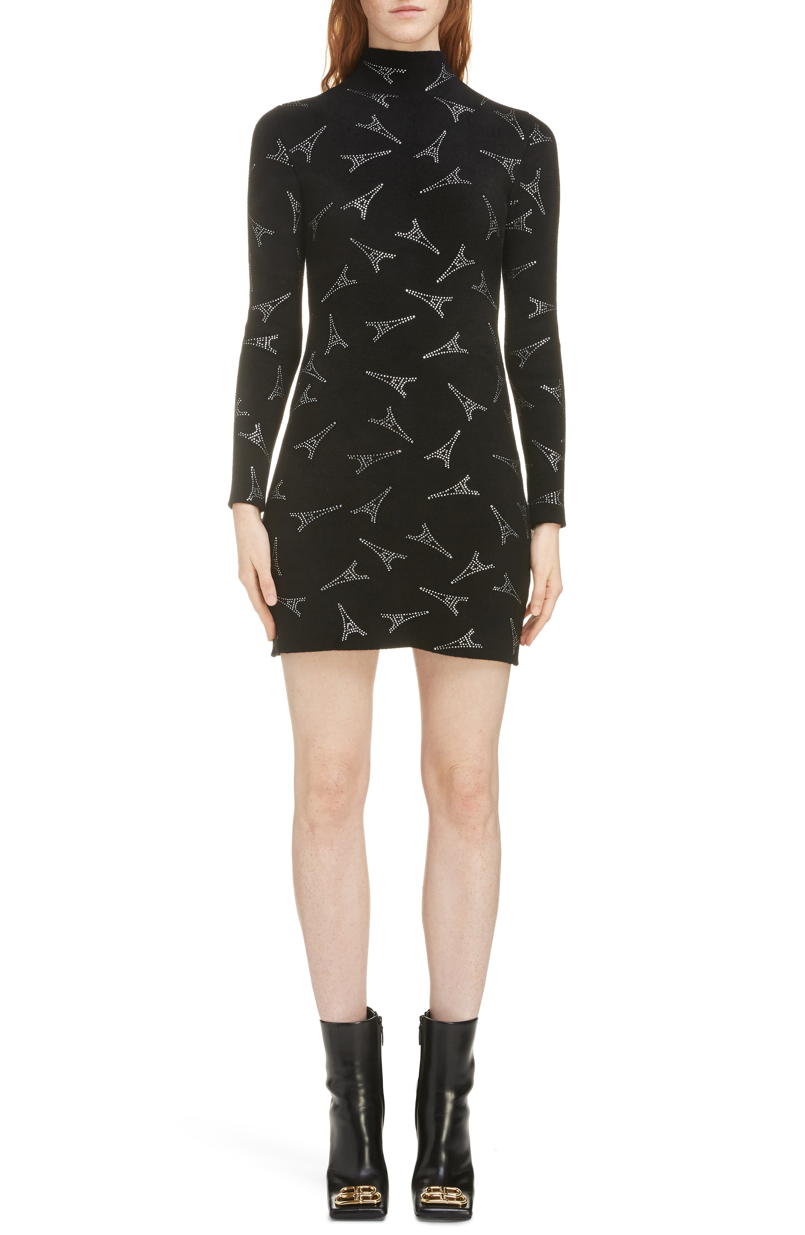 Balenciaga Embellished Eiffel Tower Body-Con Sweater Dress, Black