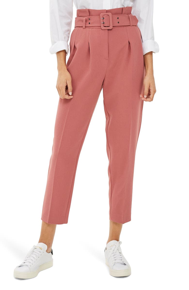 TOPSHOP Ayla Belted Eyelet Trouser, Main, color, PINK