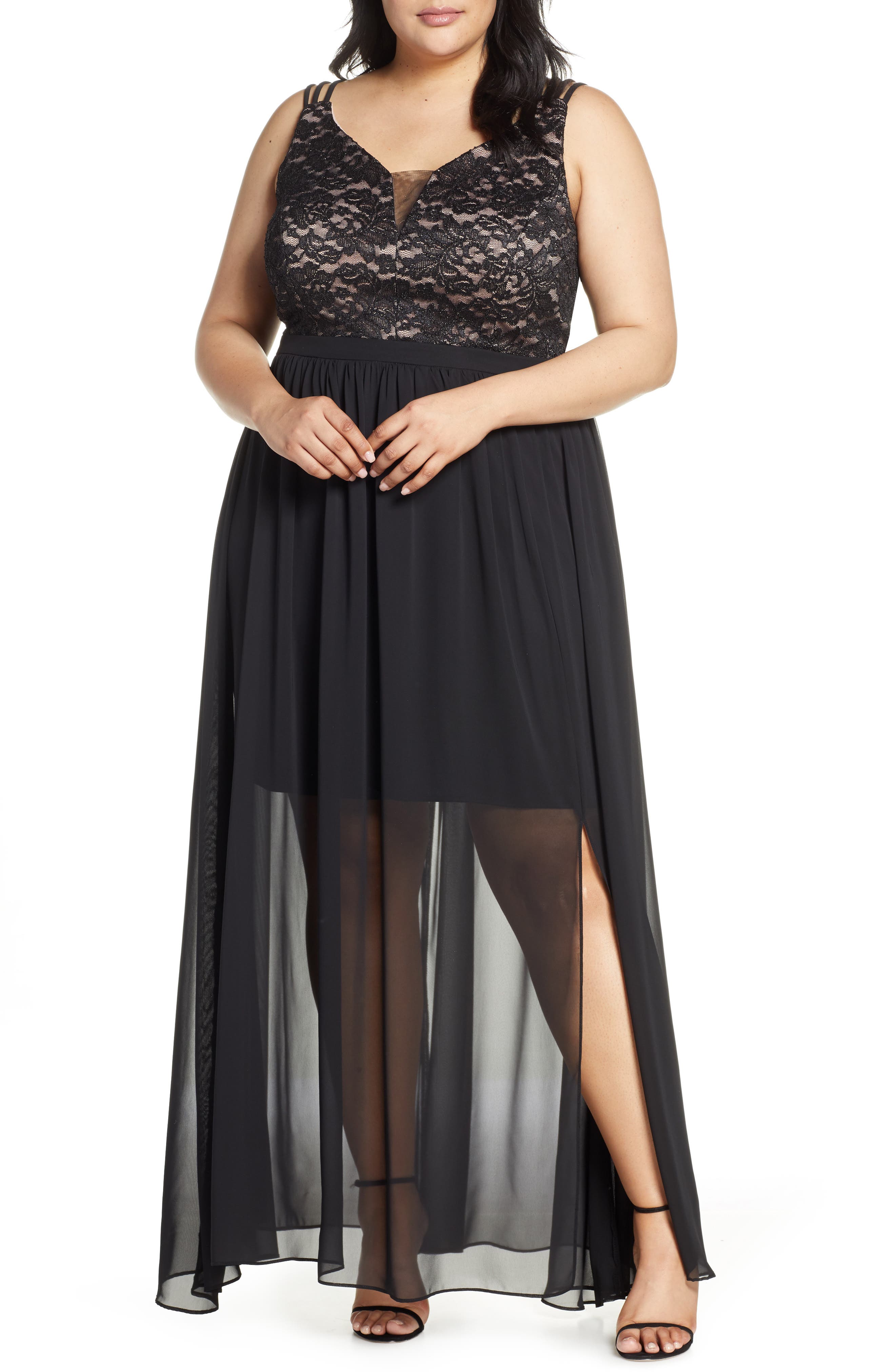 Plus Size Morgan & Co. Strappy Lace Bodice Chiffon Gown, Black