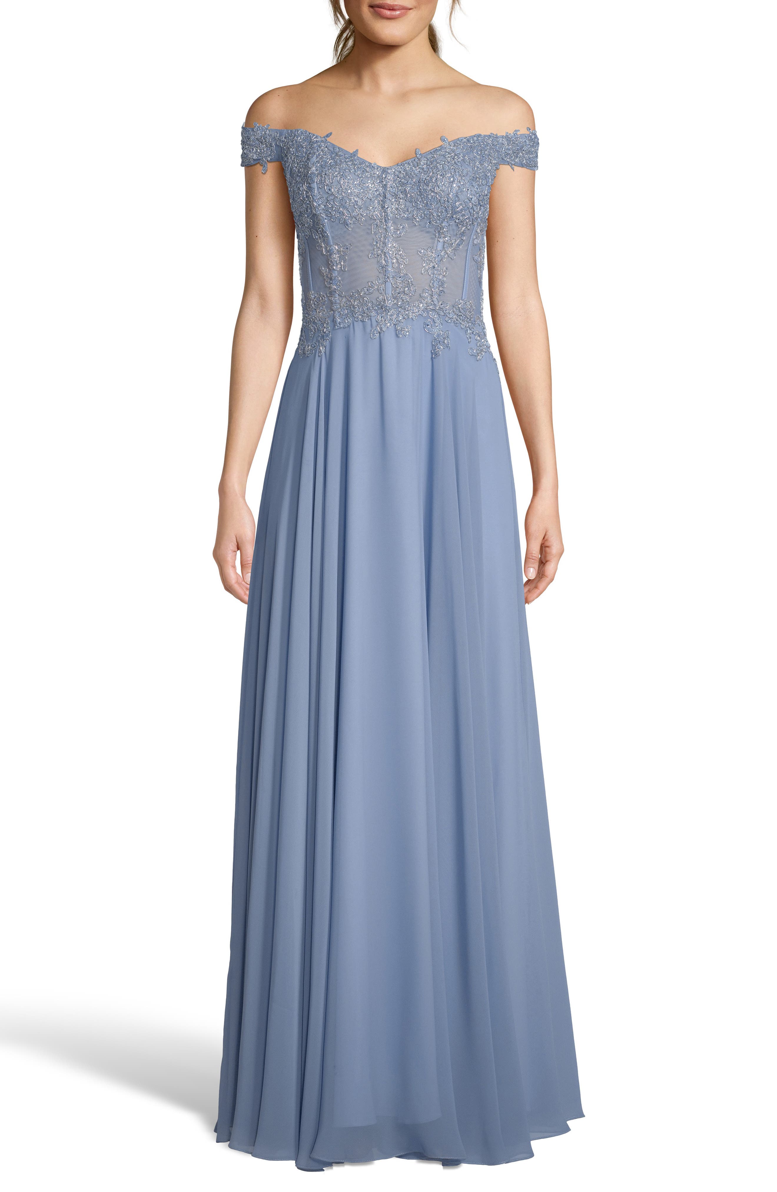Xscape Off-The-Shoulder Embellished Dress, Blue