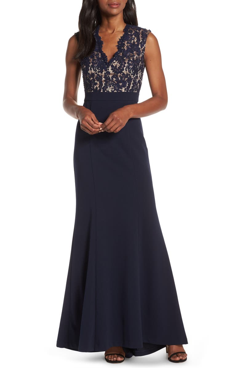 Eliza J LACE BODICE TRUMPET EVENING DRESS