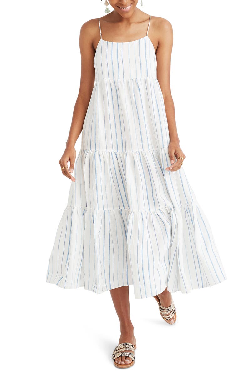 Madewell Stripe Tiered Linen Midi Dress | Nordstrom