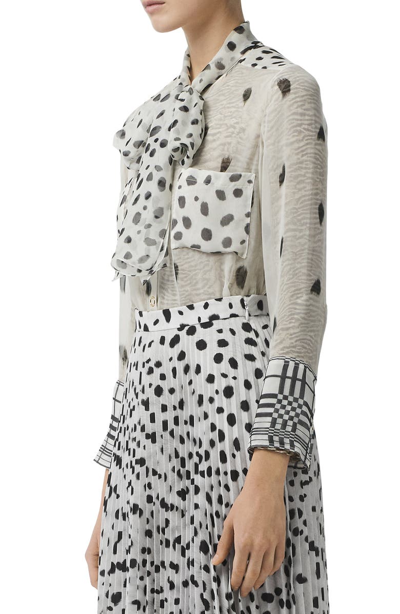 Burberry Animal-Print Tie-Neck Long-Sleeve Silk Blouse In Black