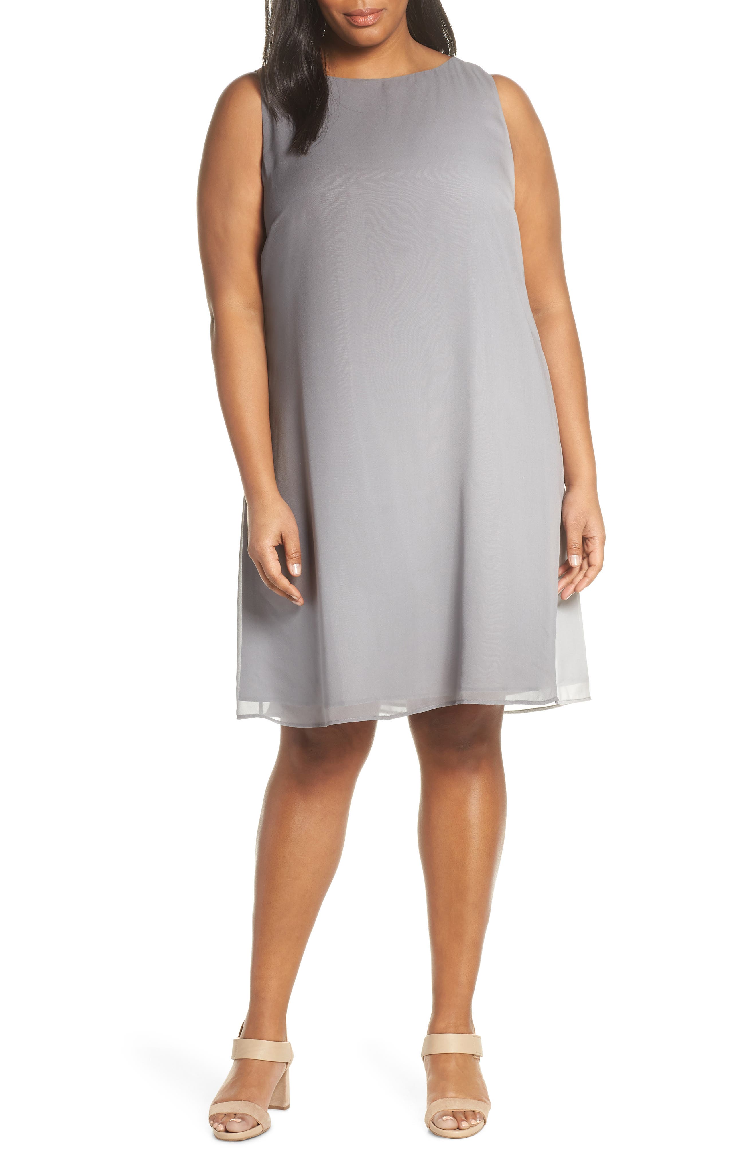 Plus Size Eileen Fisher Bateau Neck Silk Dress, Grey