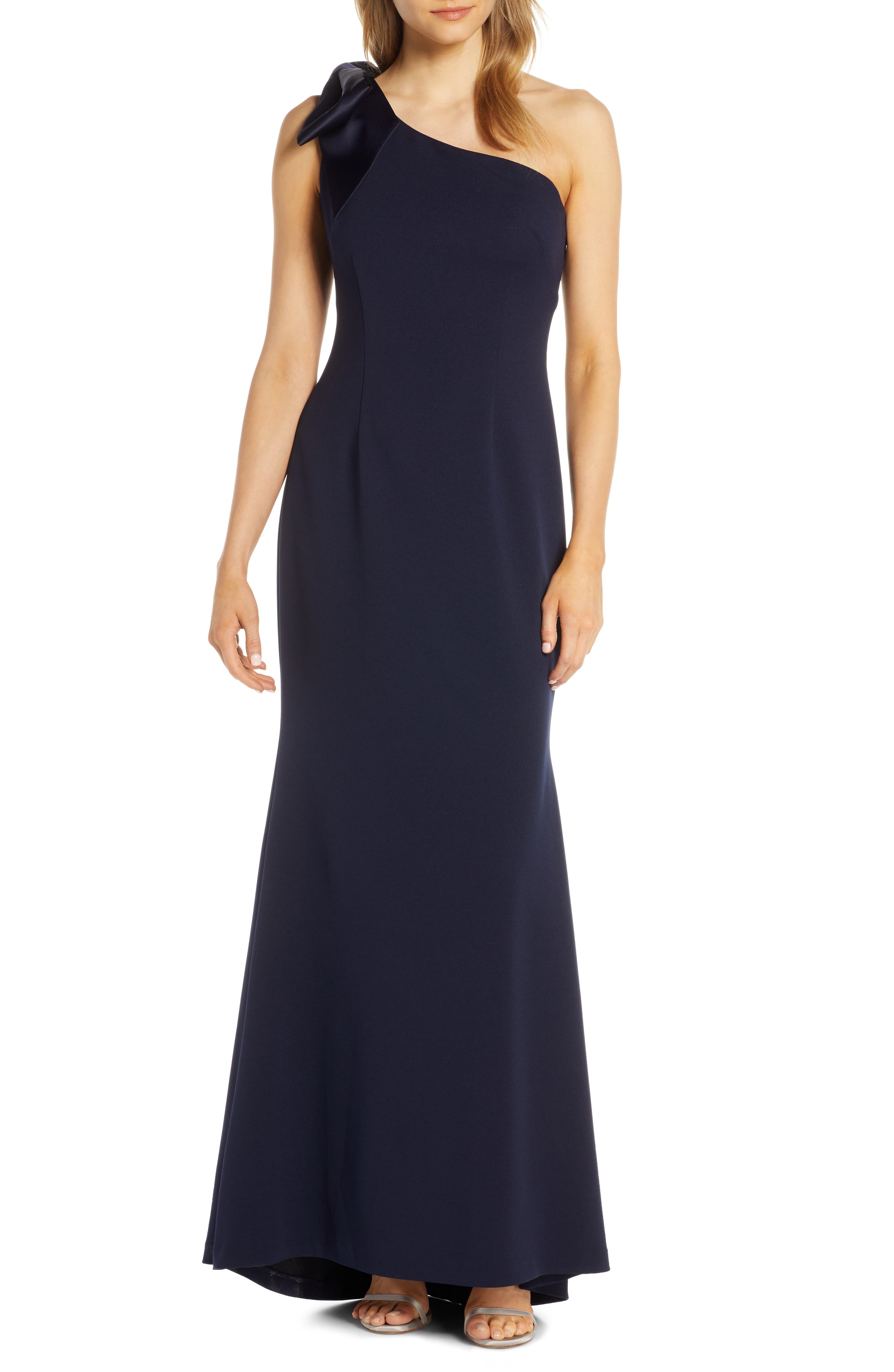 Petite Eliza J One-Shoulder A-Line Gown, Blue