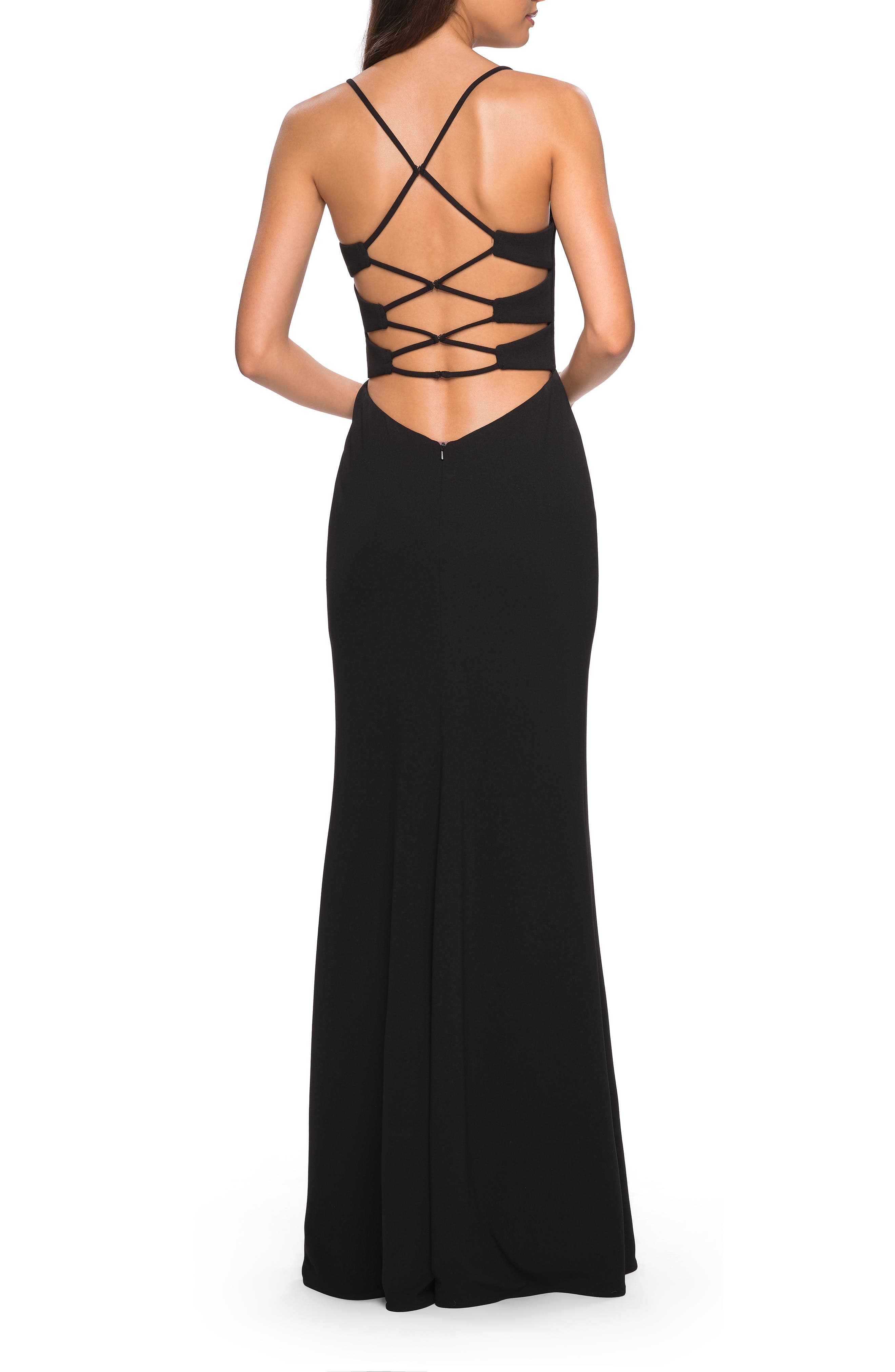 La Femme Strappy Back Jersey Column Dress In Black ModeSens