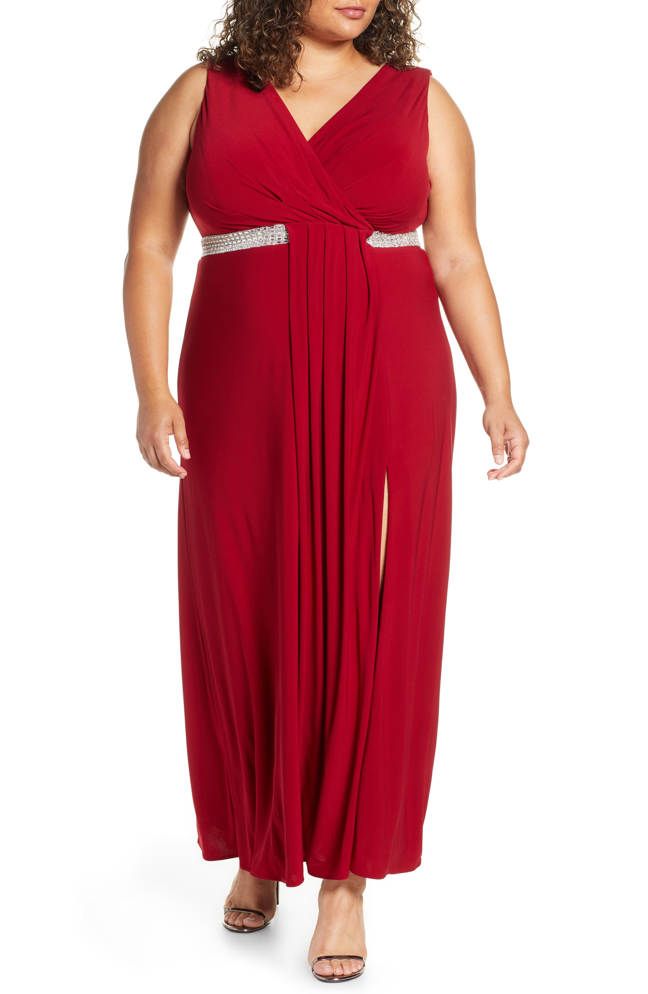 Plus Size Morgan & Co. Pleat Detail Sleeveless Gown, Red