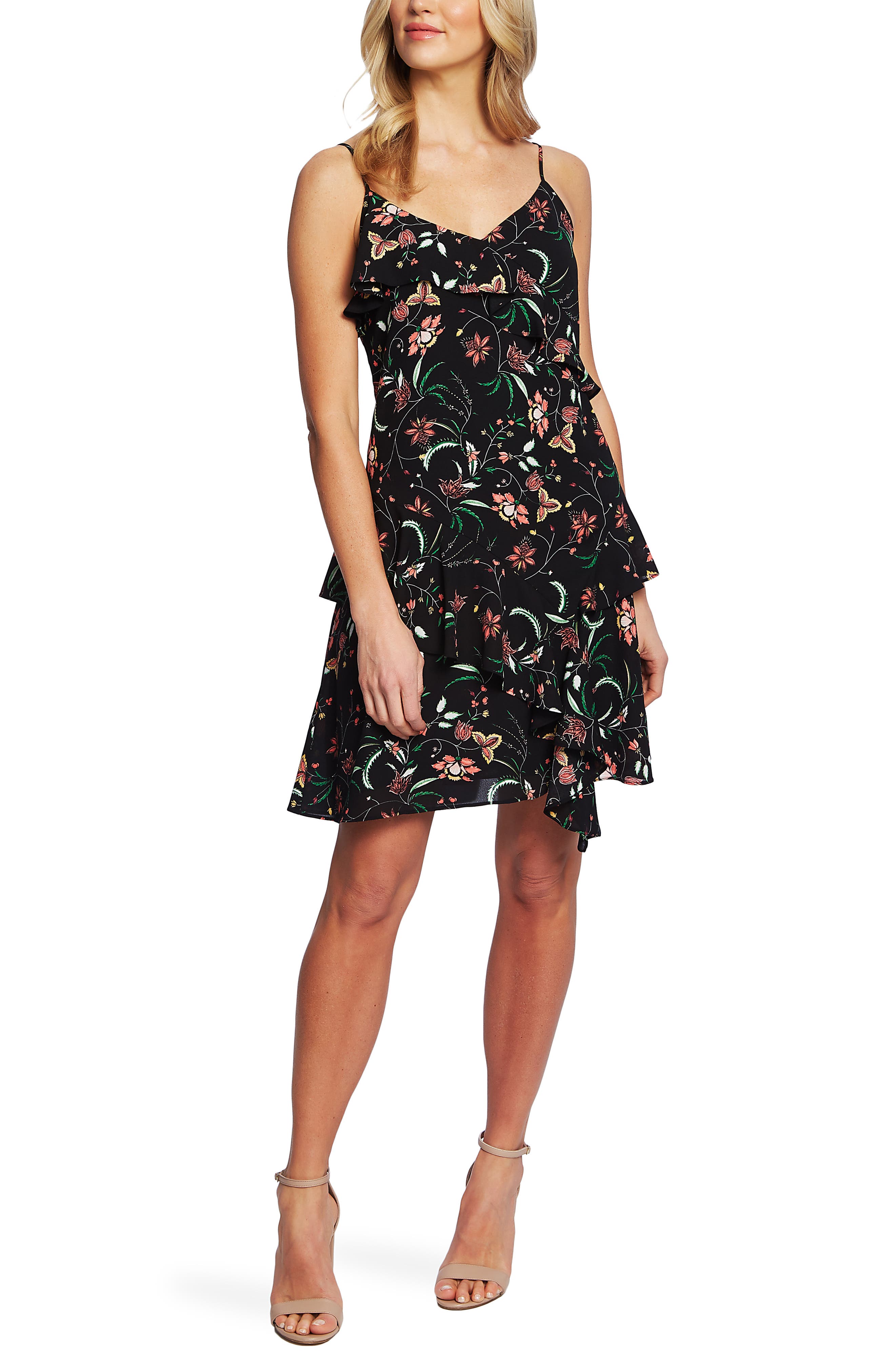 Cece Marrakesh Ink Floral Print Sleeveless Ruffle Dress, Black