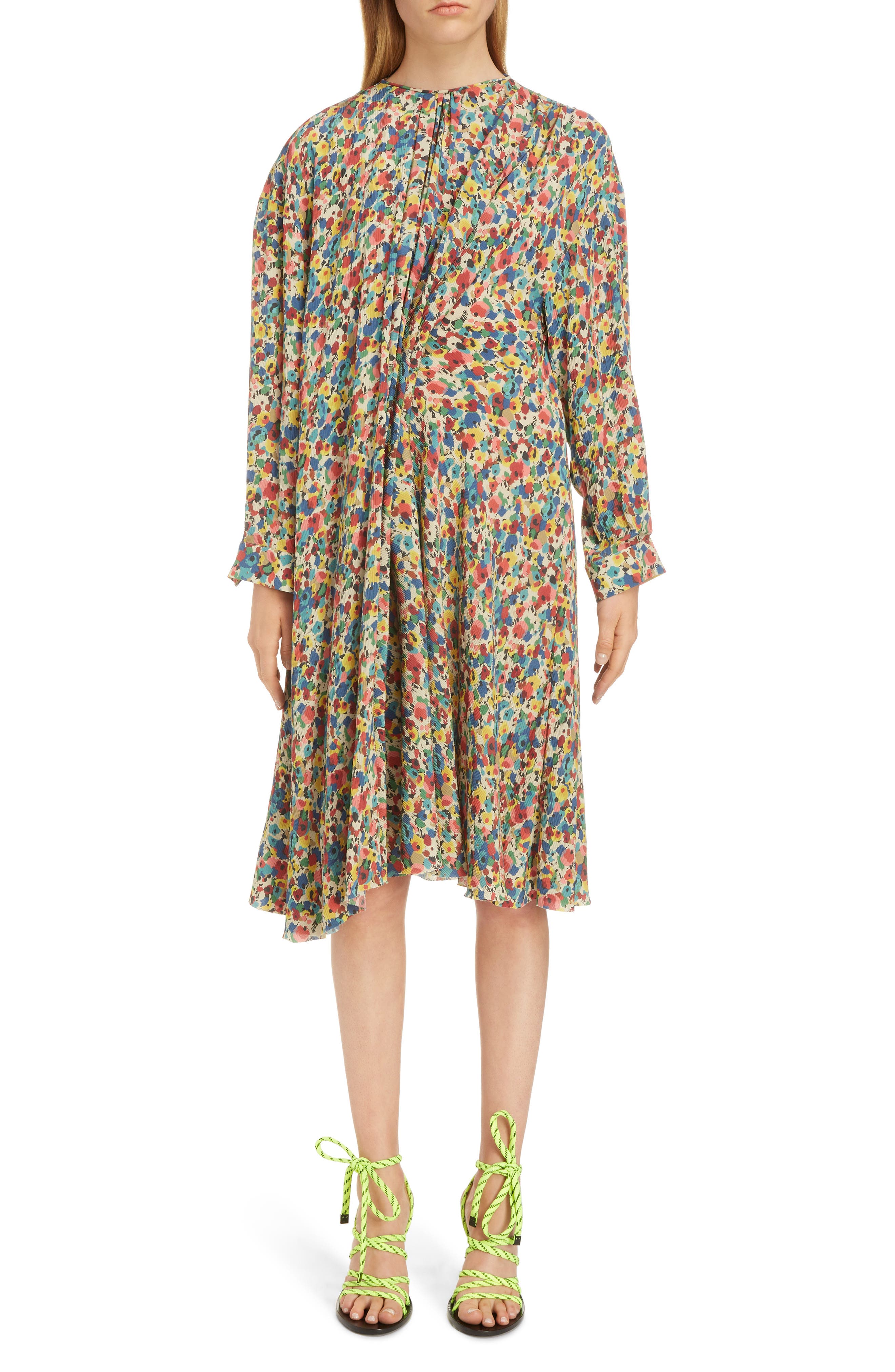 Balenciaga Floral Print Silk Dress, US / 44 FR - Red