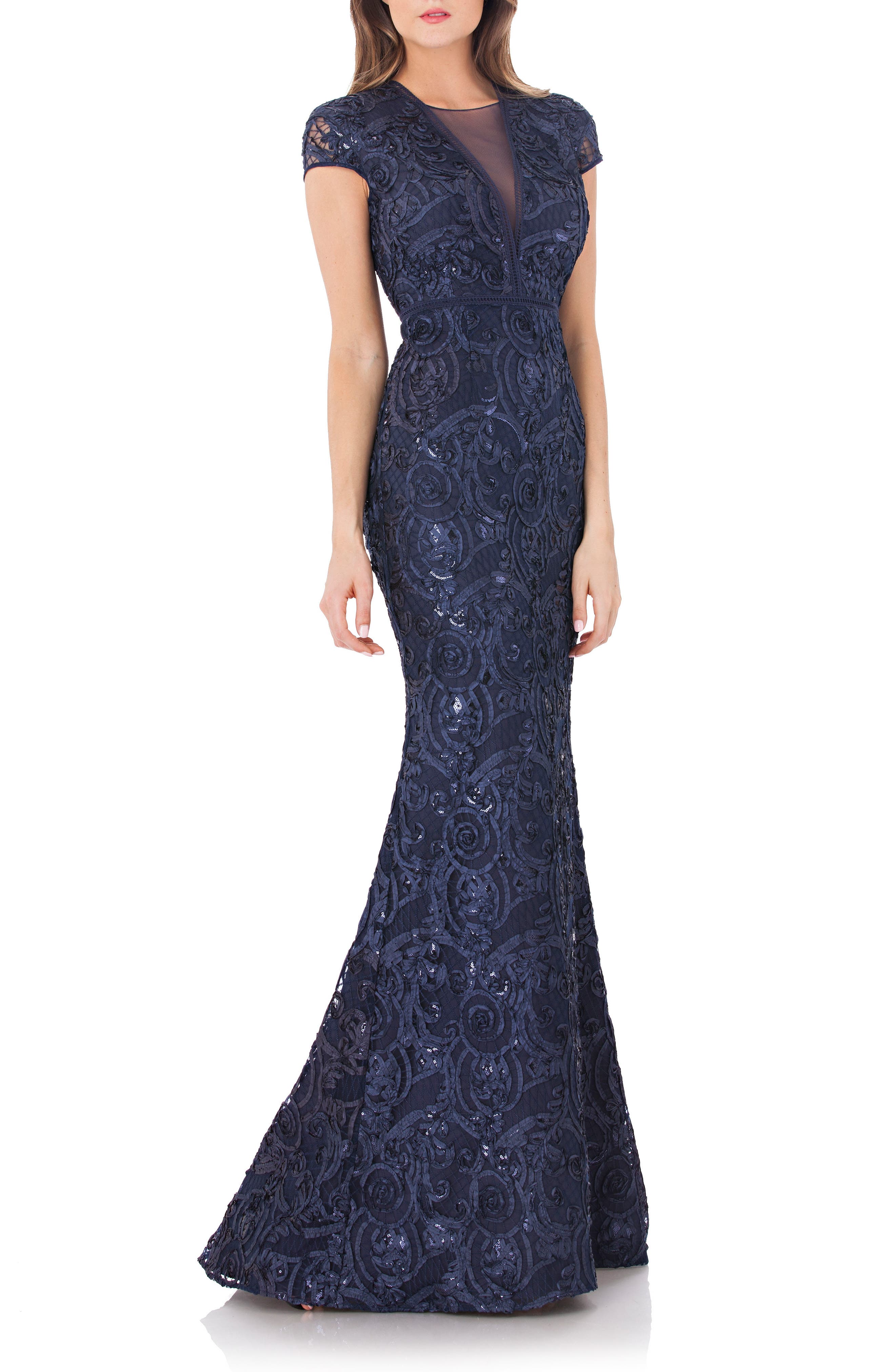 Carmen Marc Valvo Infusion Embellished Soutache Mermaid Gown, Blue