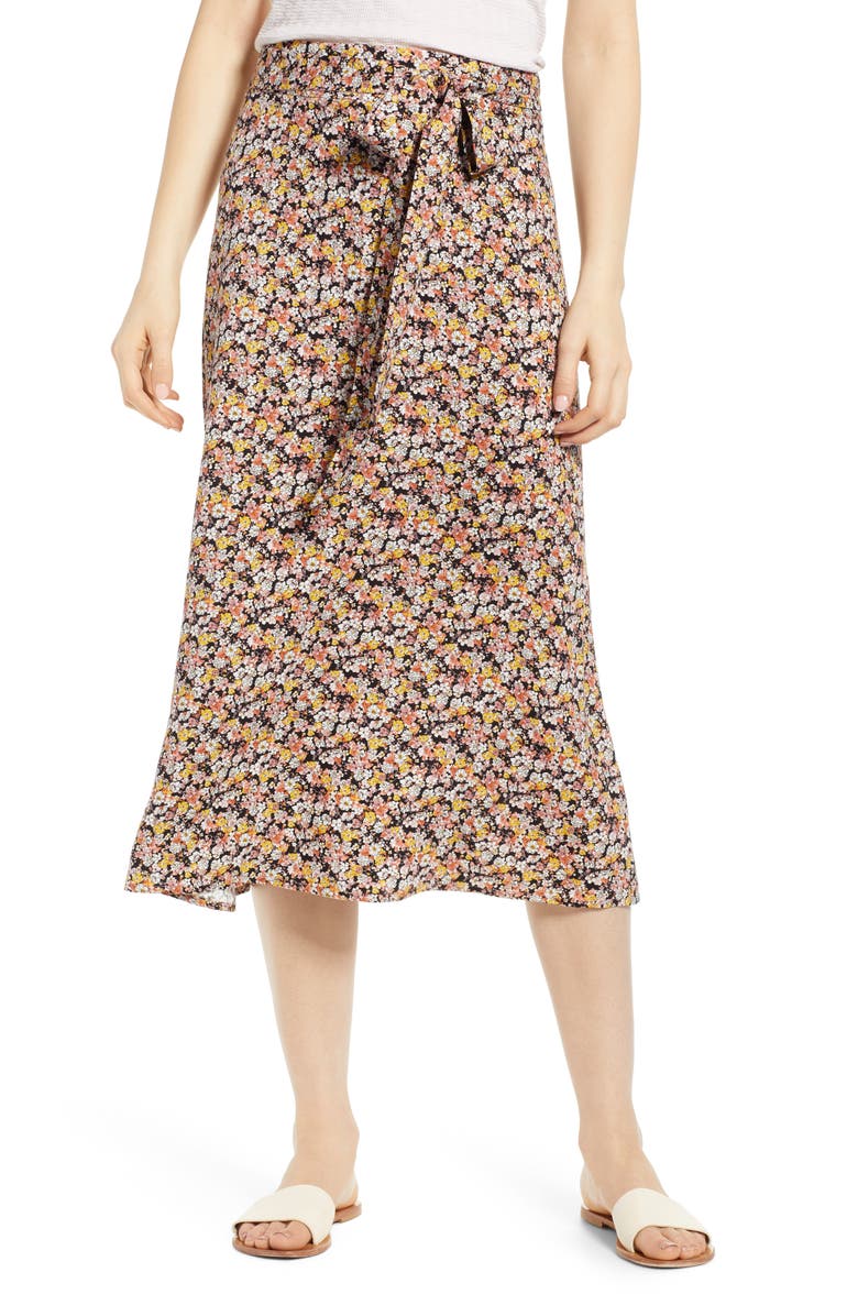 LOVE, FIRE Tie Waist Floral Print Midi Skirt, Main, color, BLACK DITSY FLORAL
