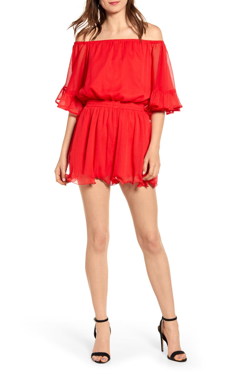 Shop Endless Rose Off The Shoulder Ruffle Sleeve Romper In Red