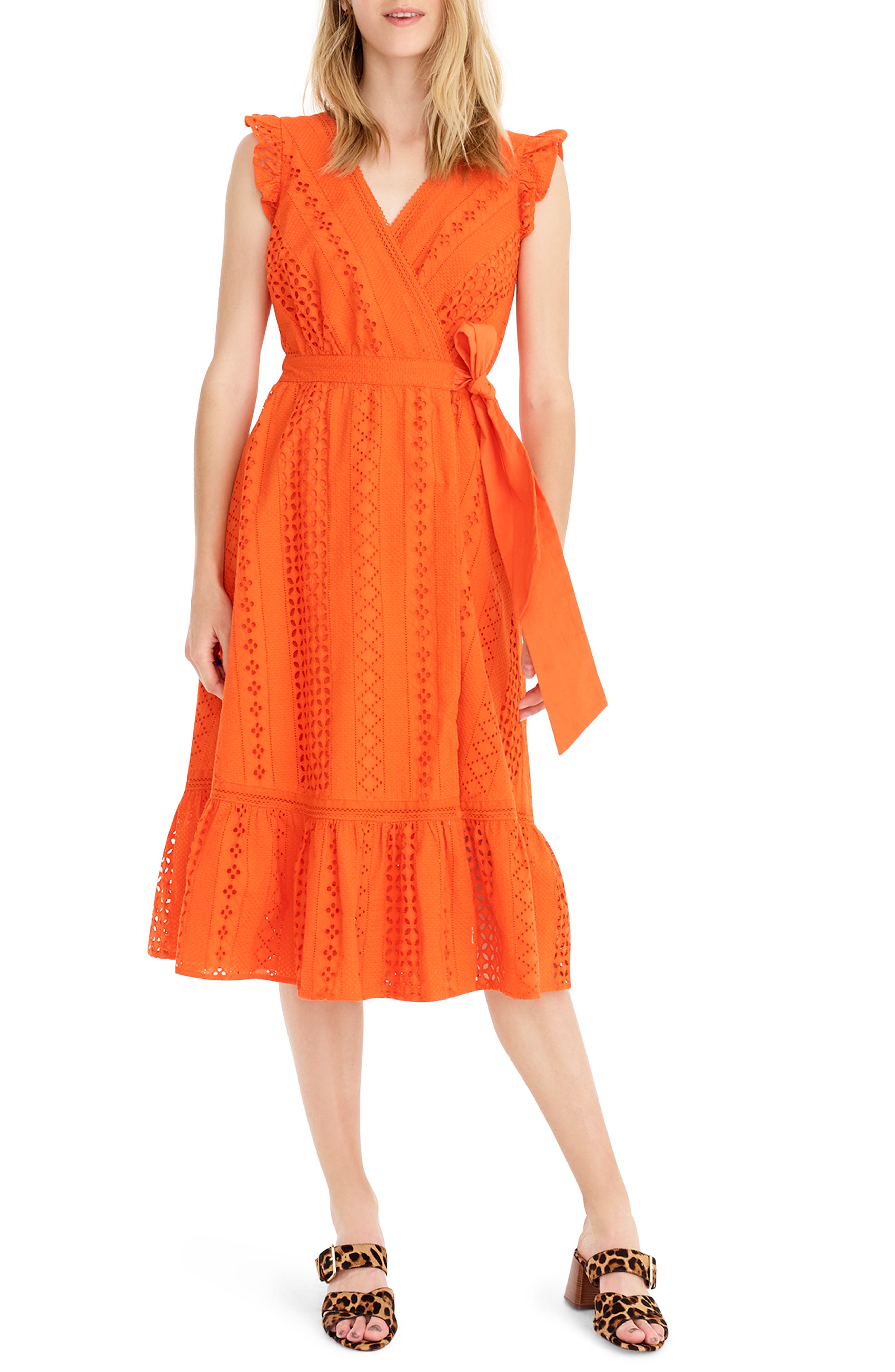 Petite J.crew All Over Eyelet Wrap Midi Dress, Orange