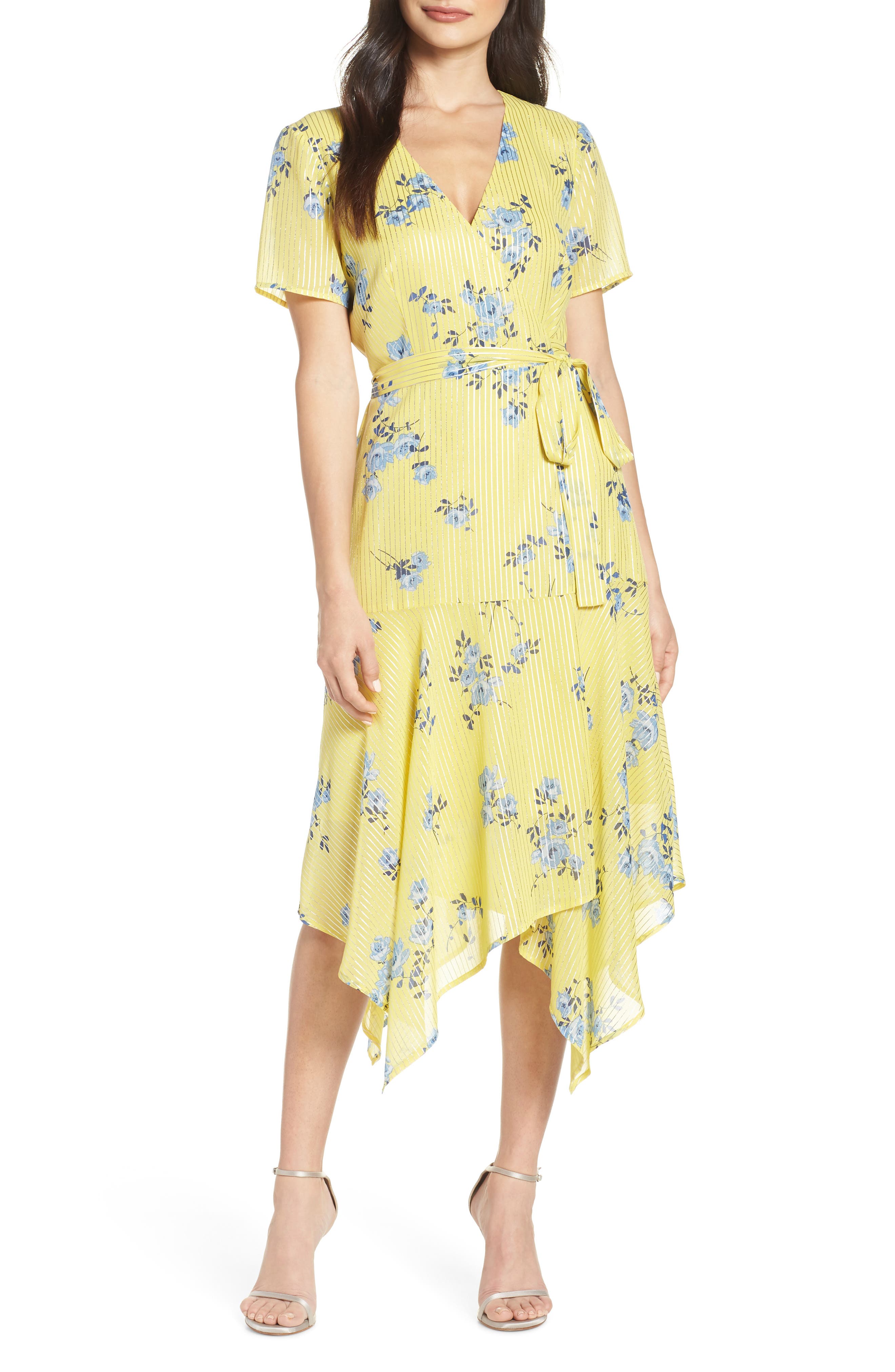 Charles Henry Handkerchief Hem Wrap Dress, Yellow
