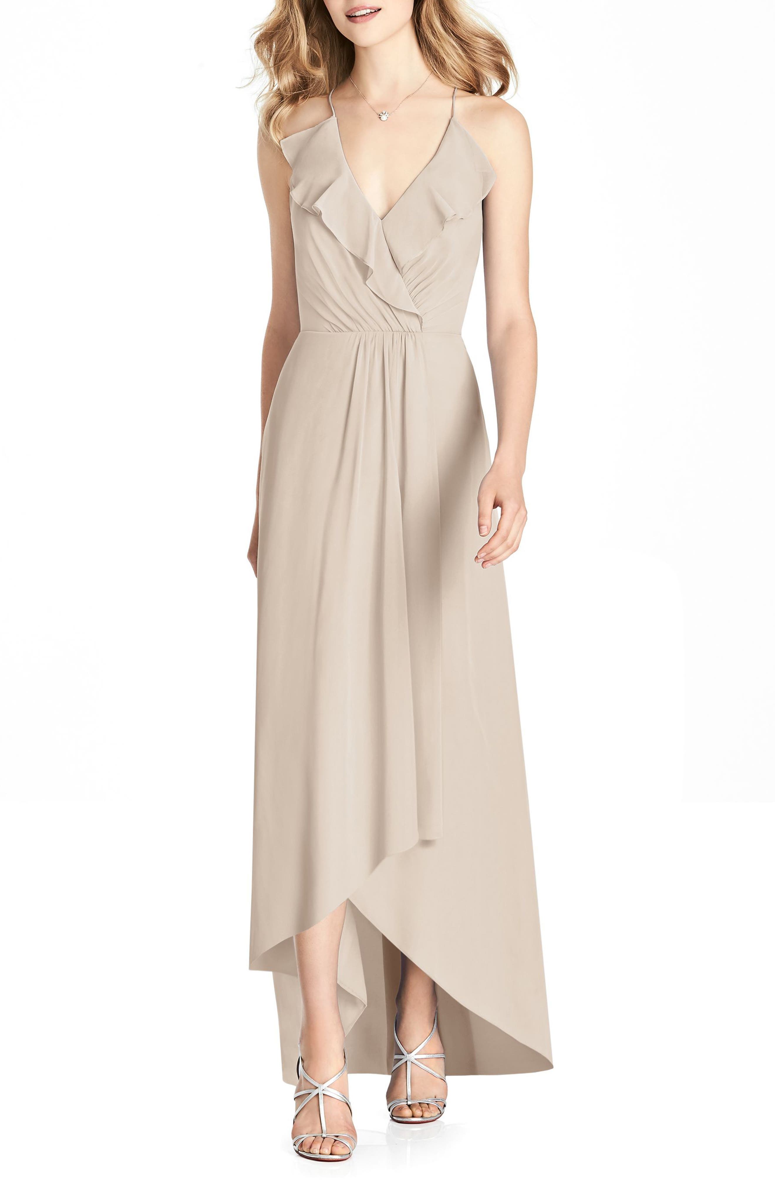 Jenny Packham Ruffle Neck Chiffon Gown, Beige