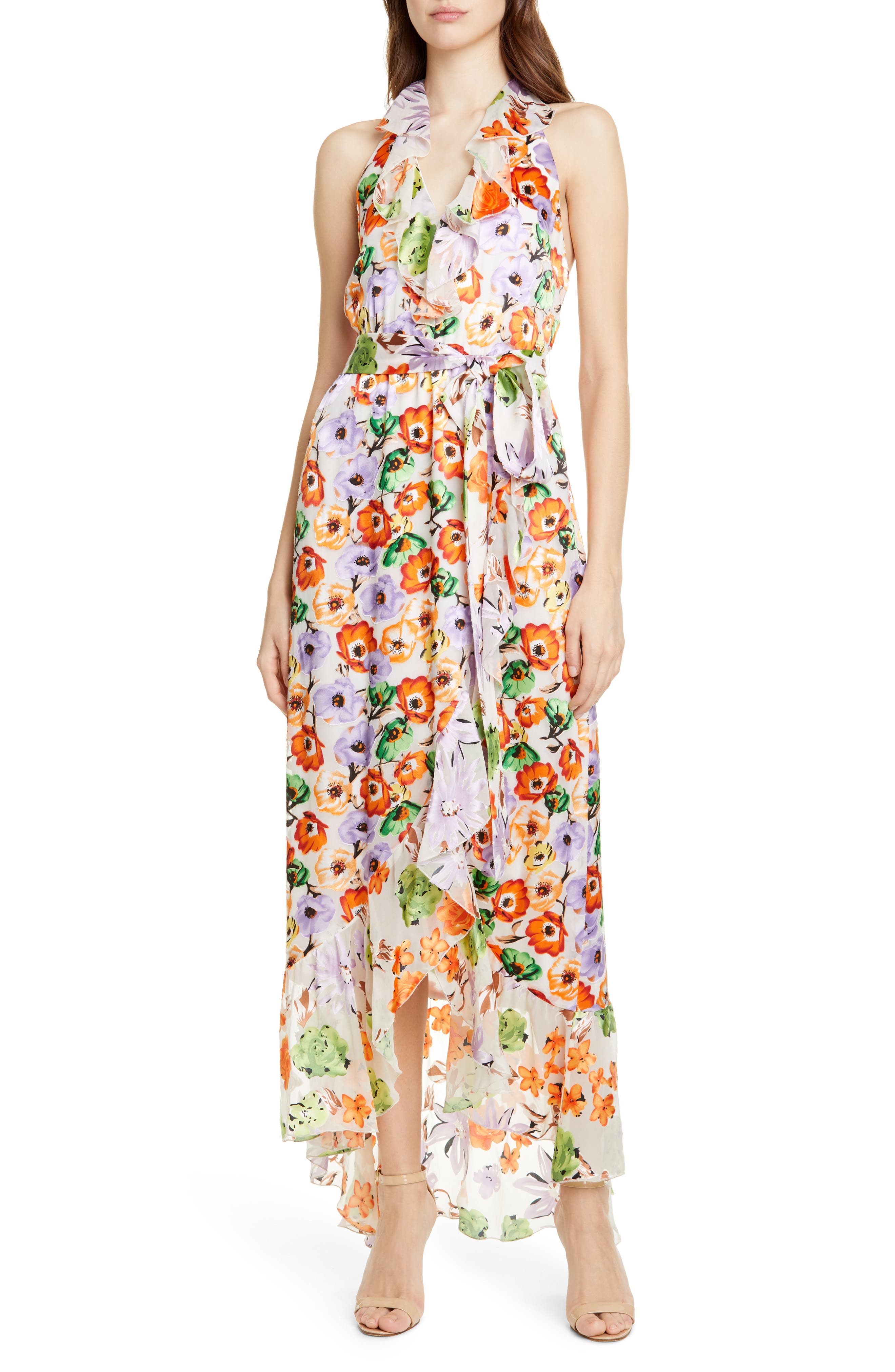 Alice + Olivia Evelia Asymmetrical Ruffle Maxi Dress, Brown