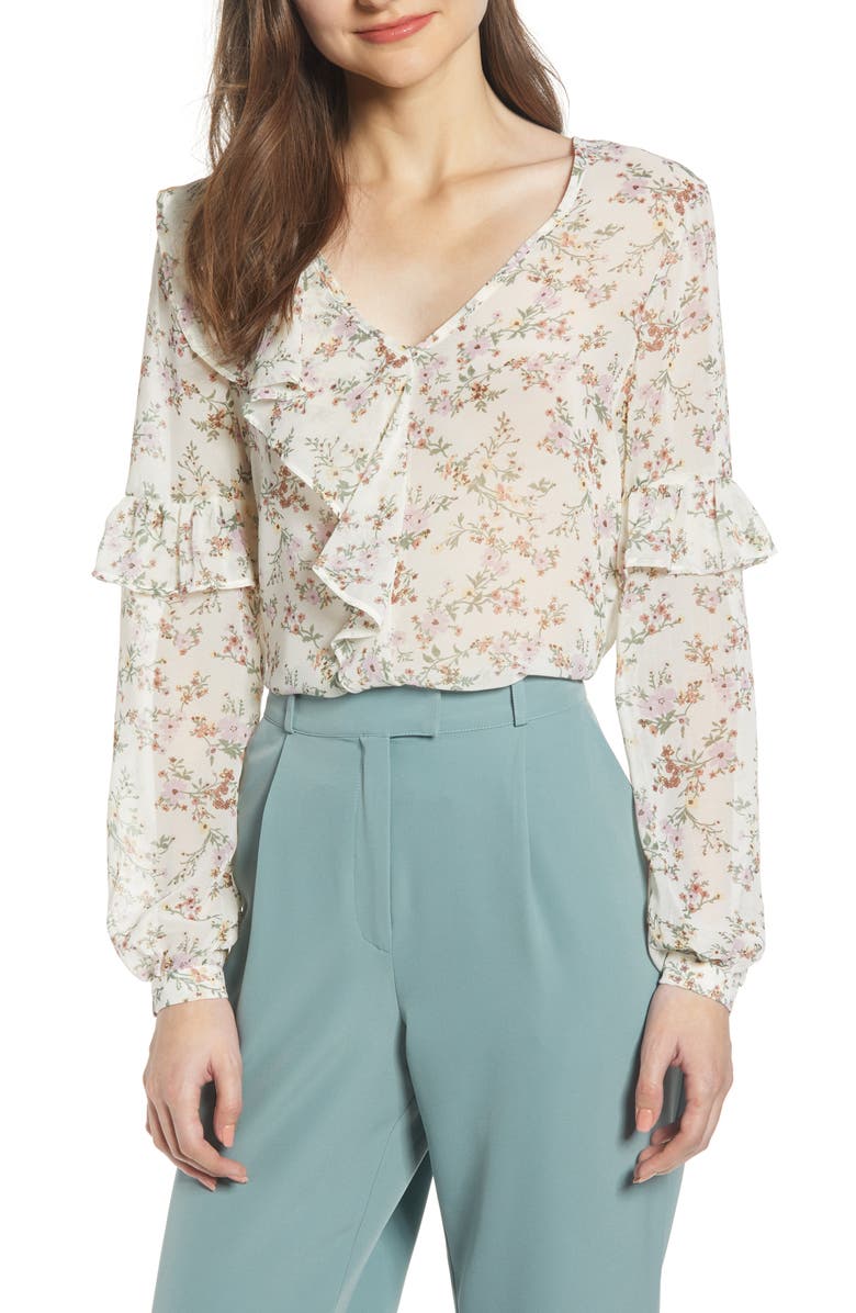 JUNE & HUDSON Floral Ruffle Top, Main, color, IVORY/ PINK/ YELLOW
