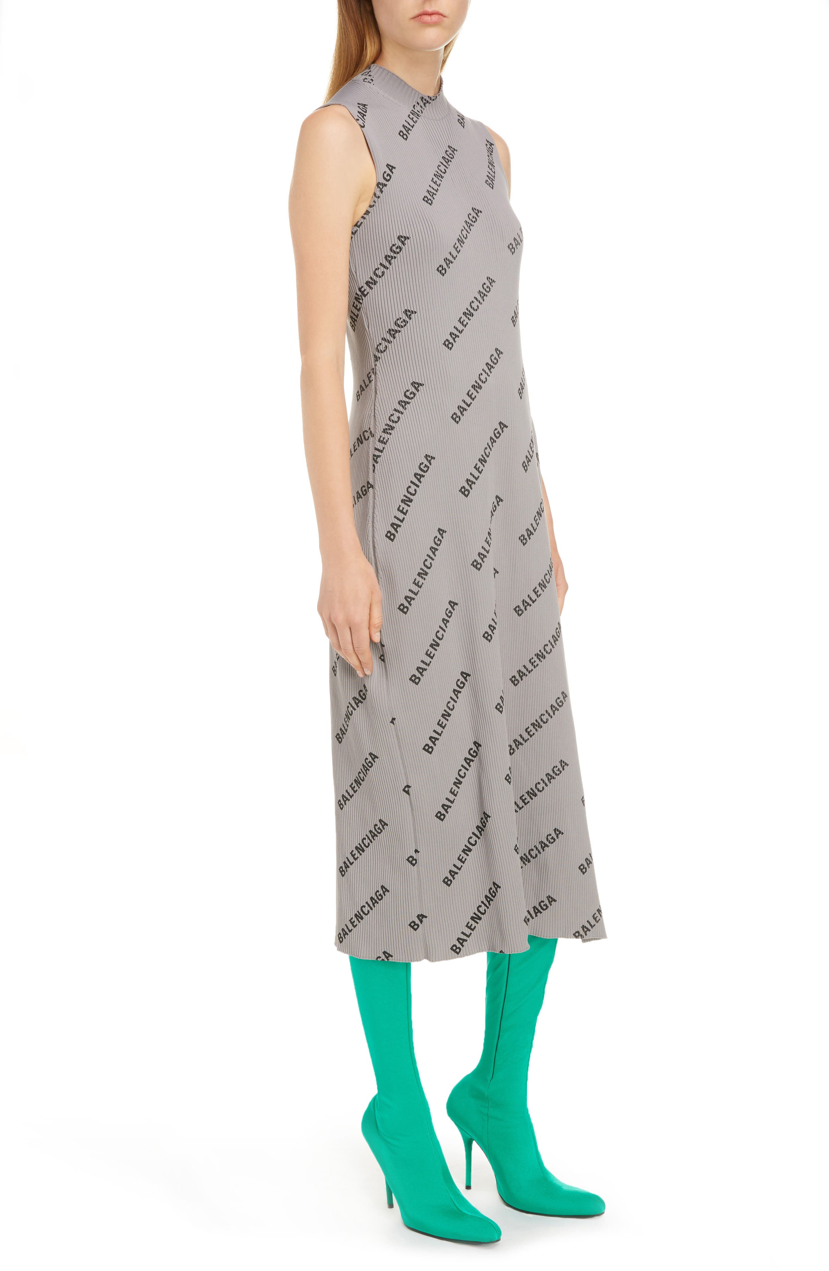 Balenciaga Logo Print Rib Knit Wrap Dress, Metallic