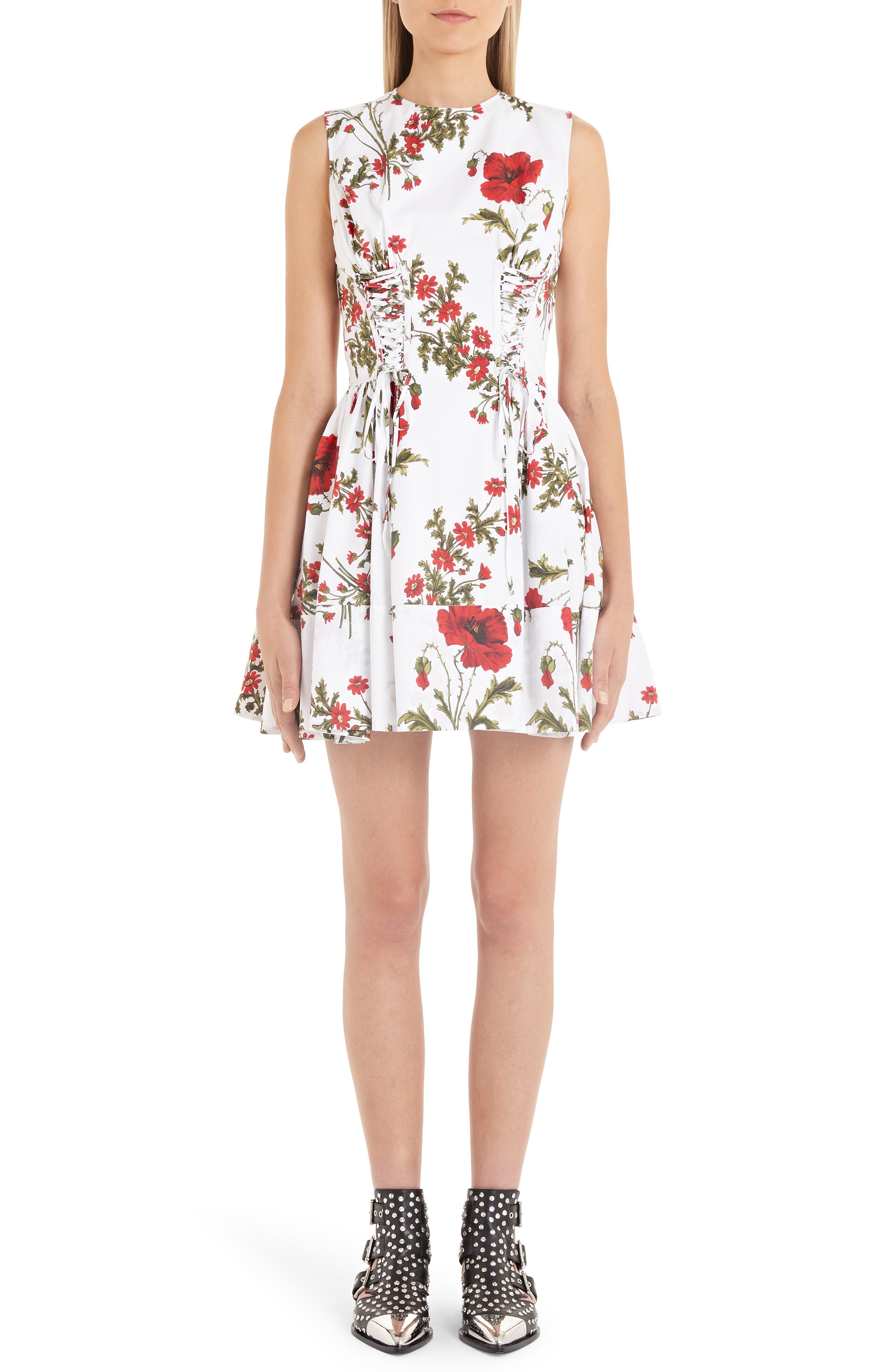 Alexander Mcqueen Poppyfield Print Poplin Corset Dress, US / 46 IT - Ivory