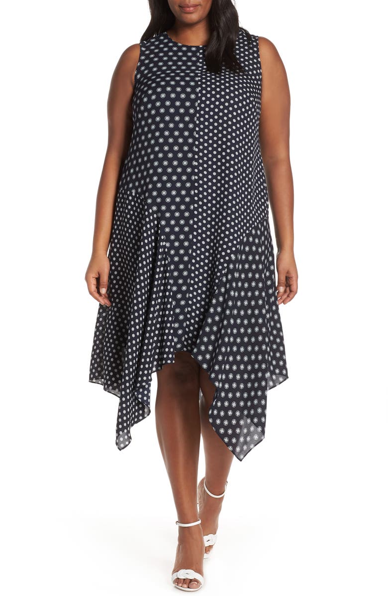 Vince Camuto Dresses GEO PRINT HANDKERCHIEF HEM SHIFT DRESS