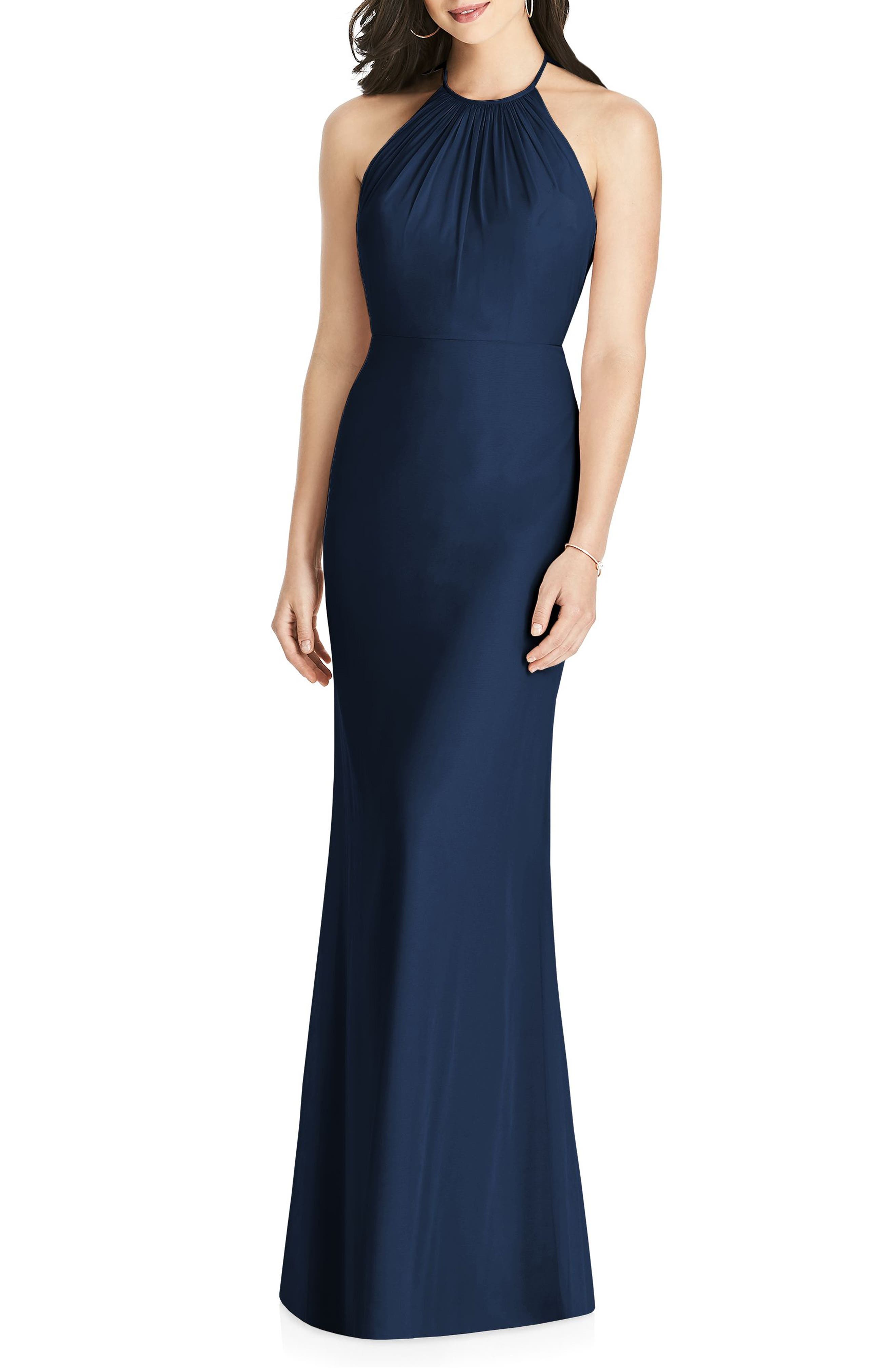 Dessy Collection Ruffle Back Chiffon Halter Gown, Blue