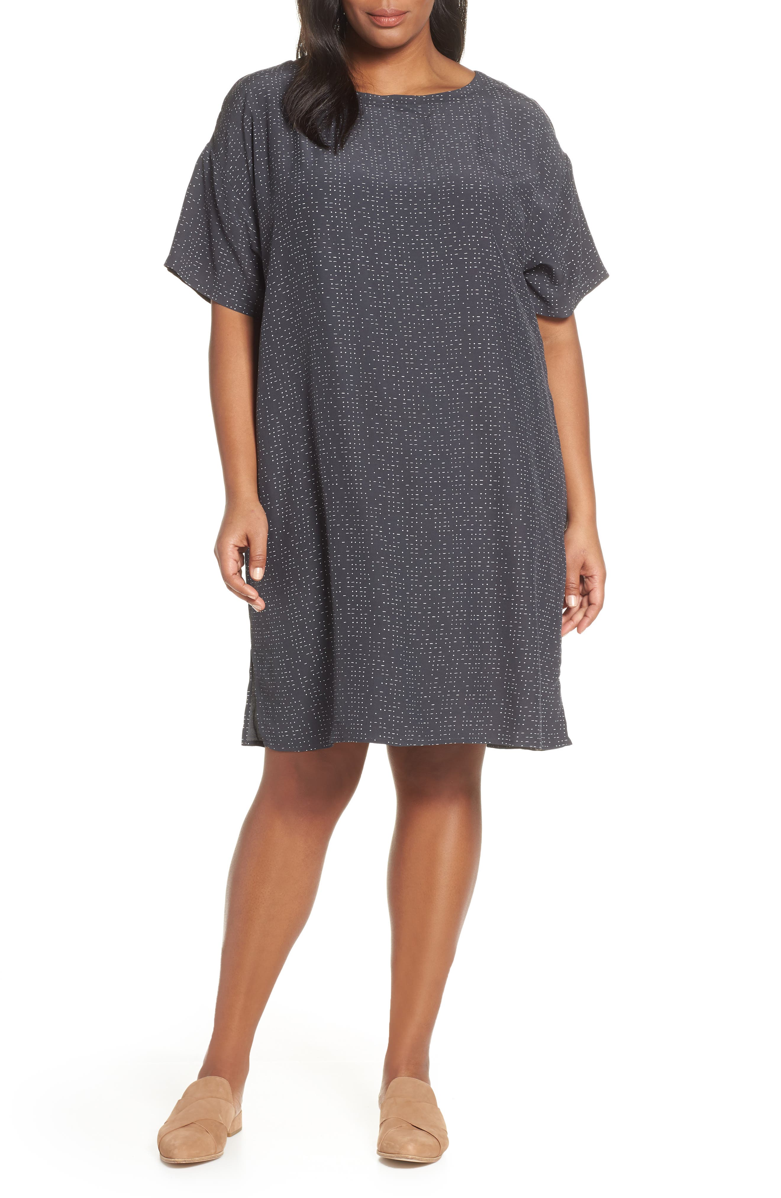 Plus Size Eileen Fisher Bateau Neck Shift Dress, Grey
