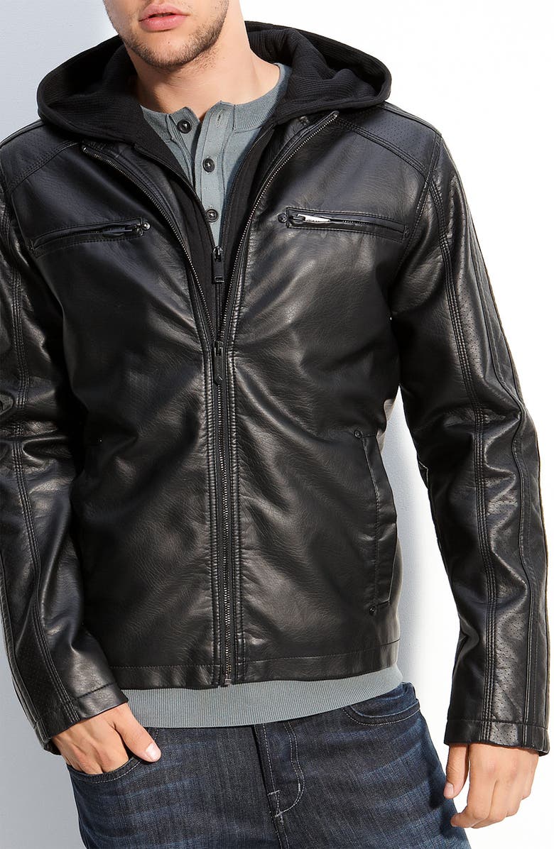 Black Rivet Faux Leather Moto Jacket with Removable Hood | Nordstrom