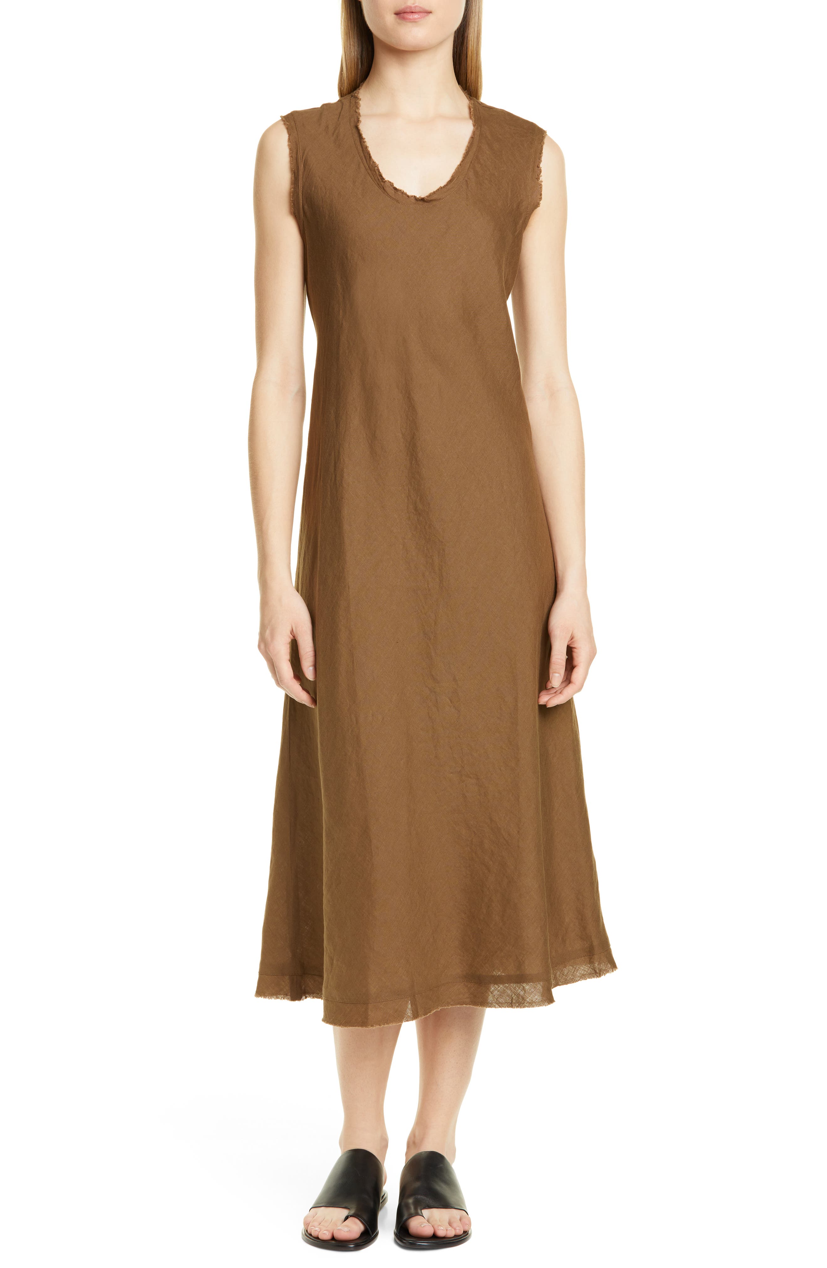 Petite Eileen Fisher Shaped Sleeveless Linen Tank Dress, Brown