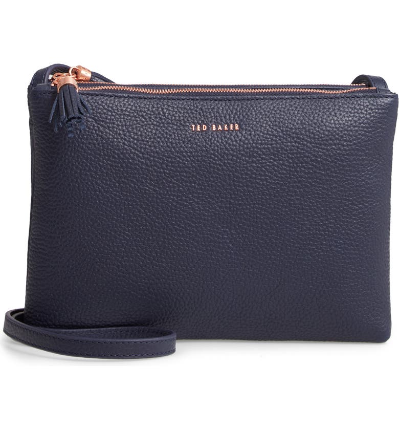 Shop Ted Baker Maceyy Double Zip Leather Crossbody Bag Blue In Navy