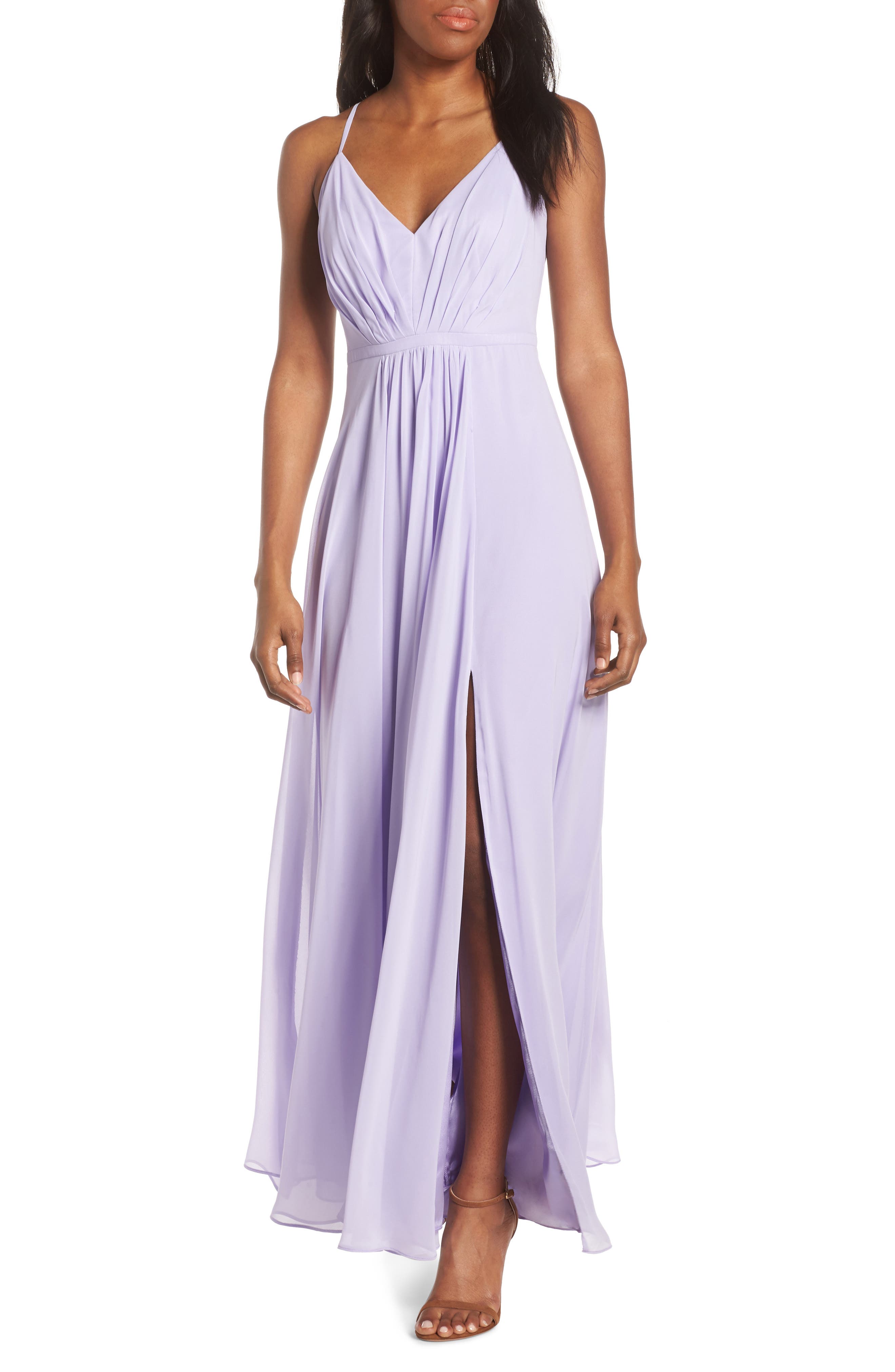 Eliza J V-Neck Pleated Chiffon Gown, Purple