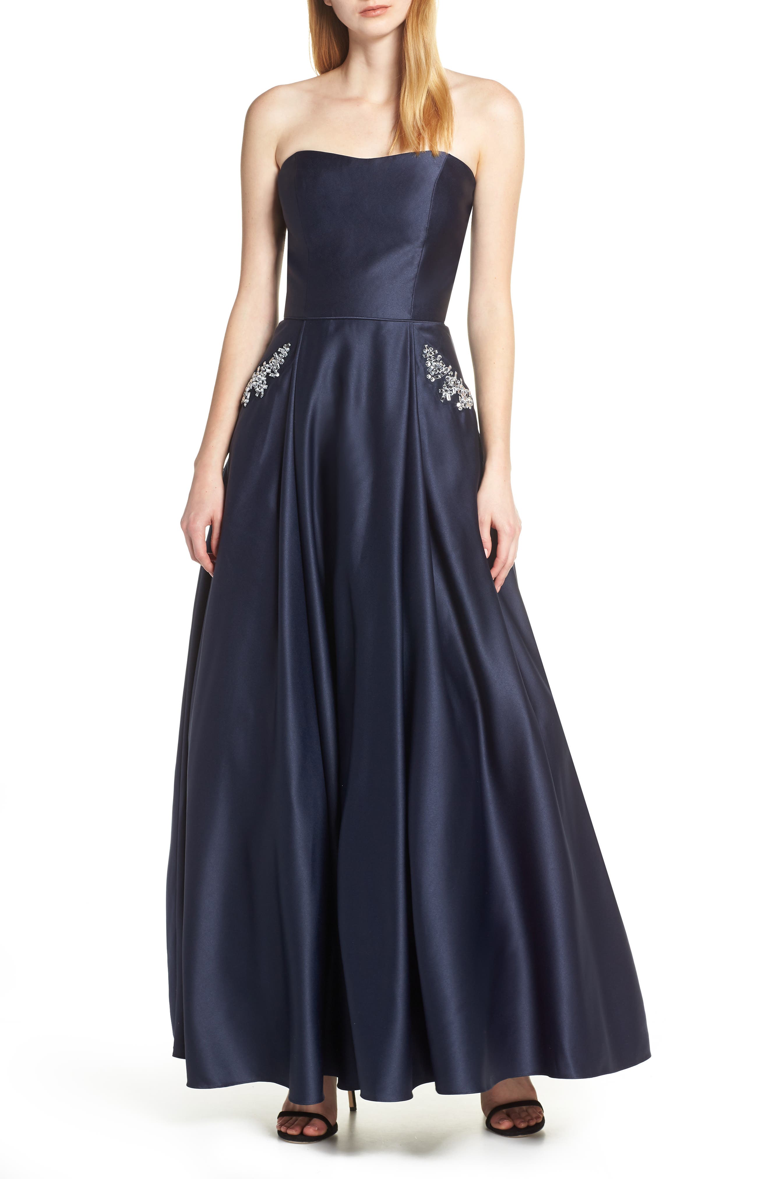 Blondie Nites Strapless Embellished Pocket Satin Evening Dress, Blue