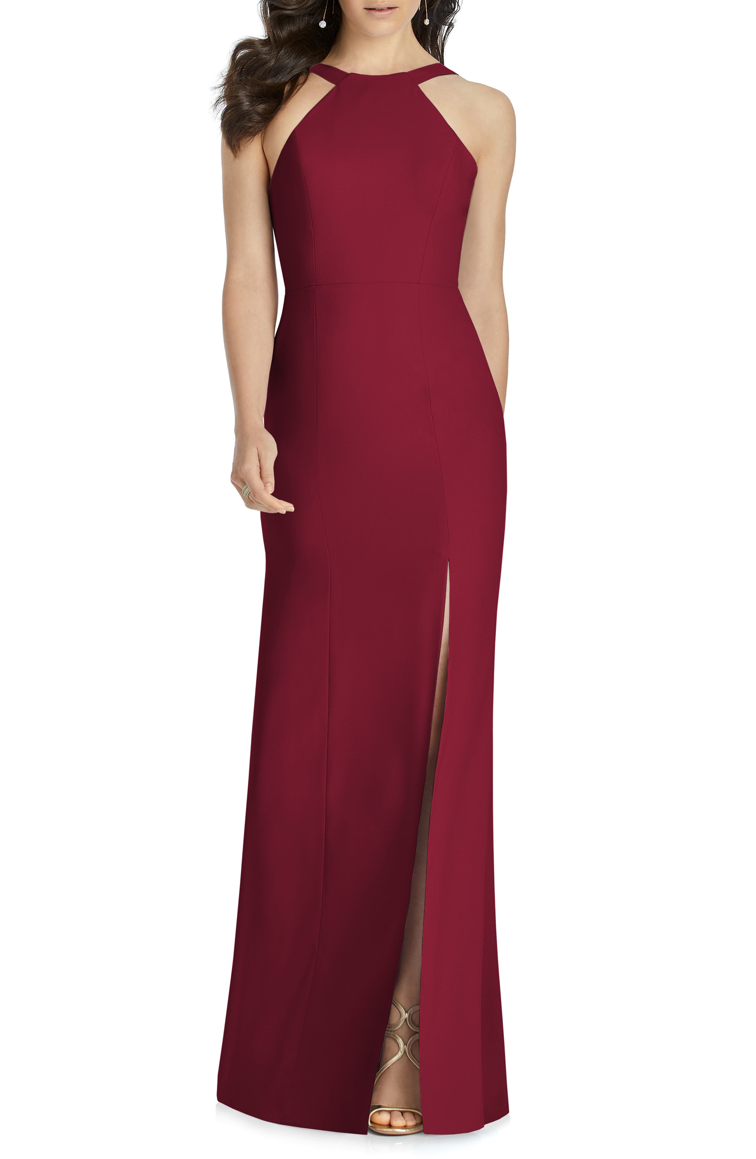 Dessy Collection Cutaway Shoulder Crepe Gown, Burgundy