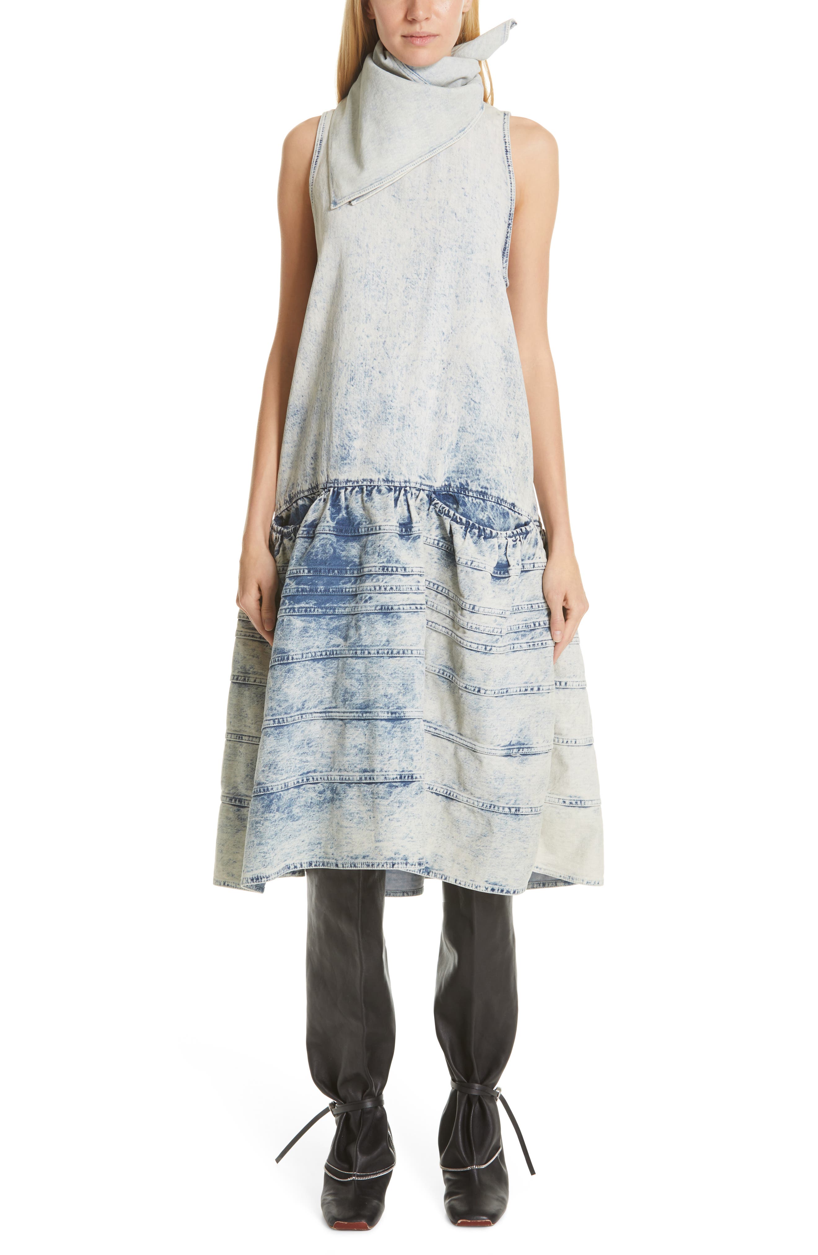 Proenza Schouler Acid Wash Denim Drop Waist Dress, Grey