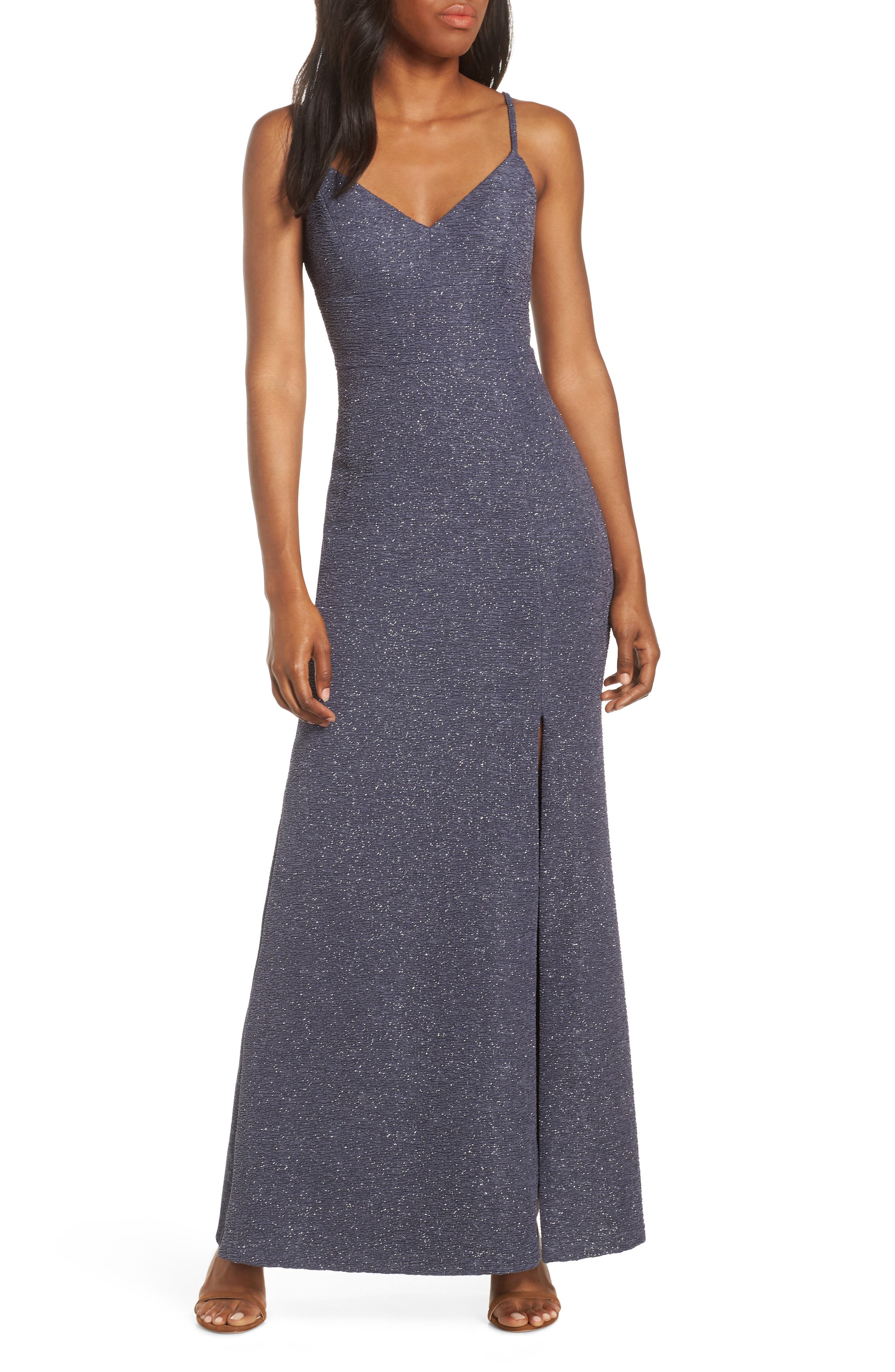 Eliza J Glitter Knit Crepe Gown, Grey