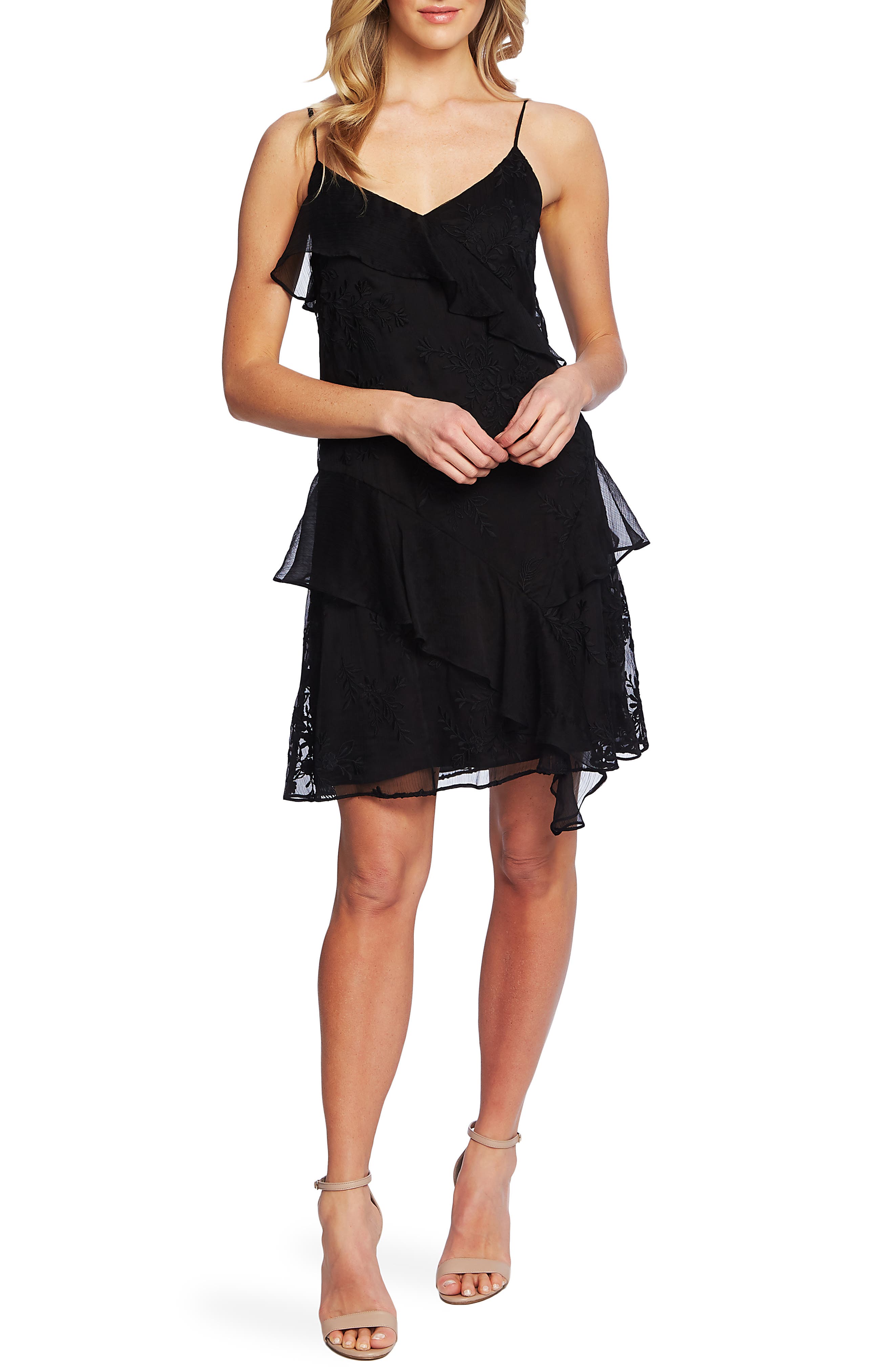 Cece Embroidered Ruffle Dress, Black