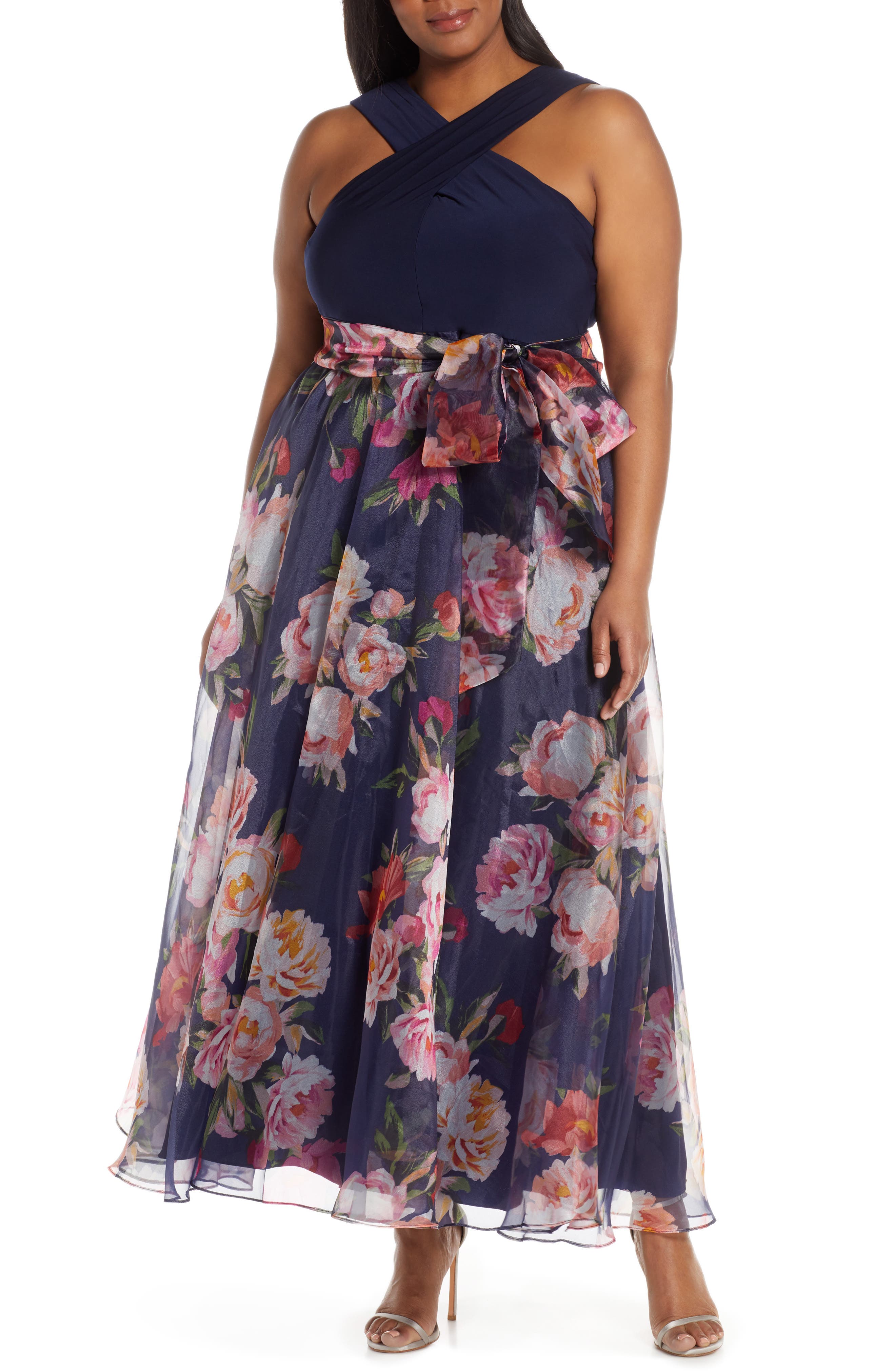 Plus Size Eliza J Crisscross Neck Ballgown, Blue