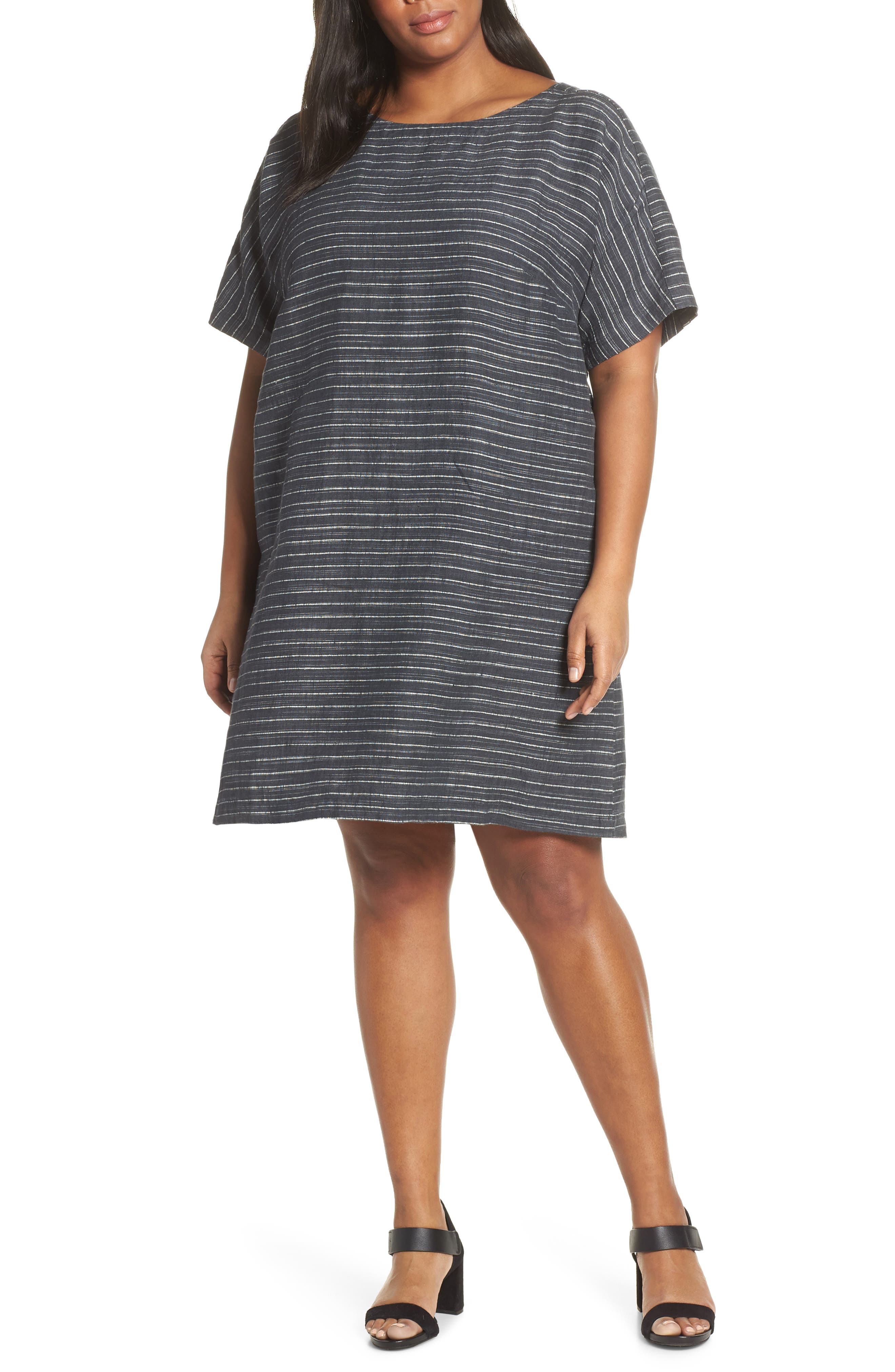 Plus Size Eileen Fisher Stripe Linen Tunic Dress, Grey