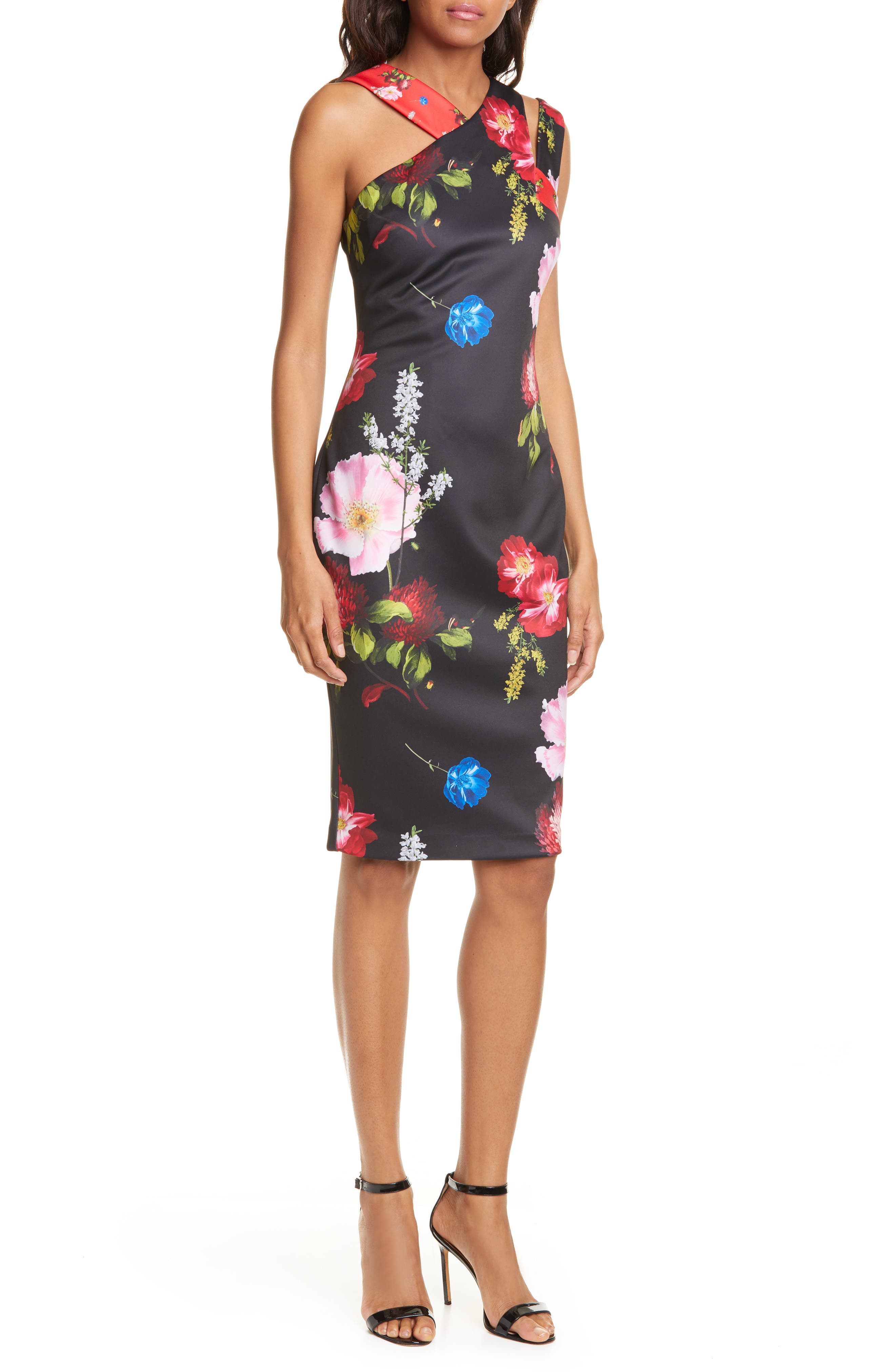 Ted Baker London Berry Sundae Floral Asymmetrical Sheath Dress, Black