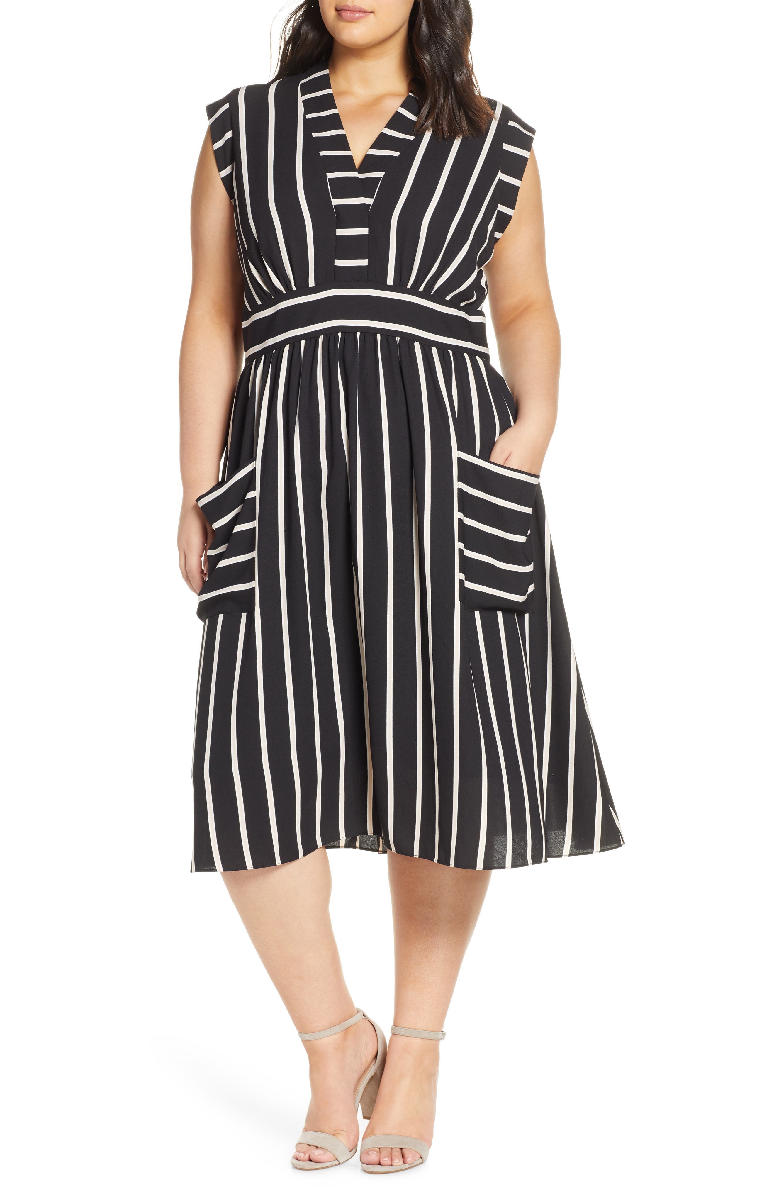 Plus Size Vince Camuto Stripe A-Line Dress, Black