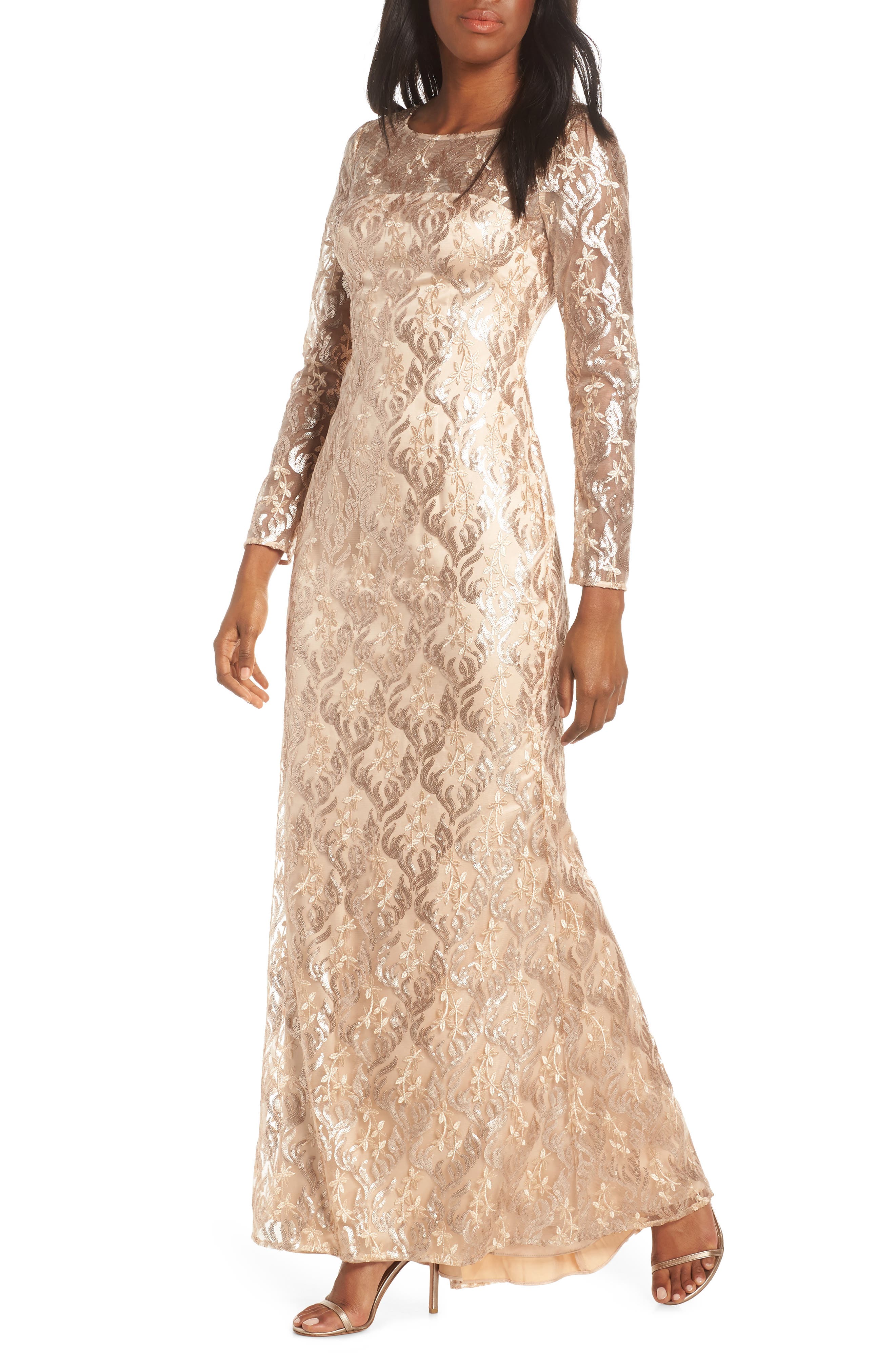 Eliza J Sequin Mesh Long Sleeve Gown, Beige