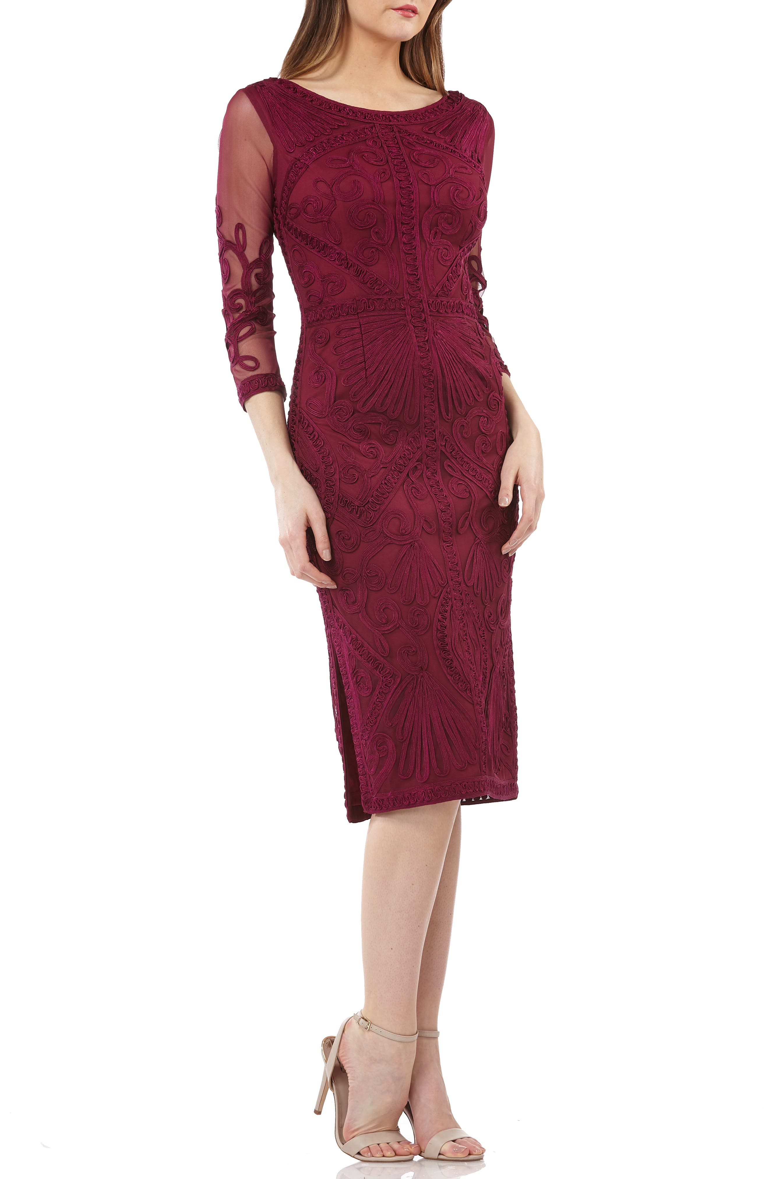 Js Collections Sheer Sleeve Soutache Sheath Dress, Pink